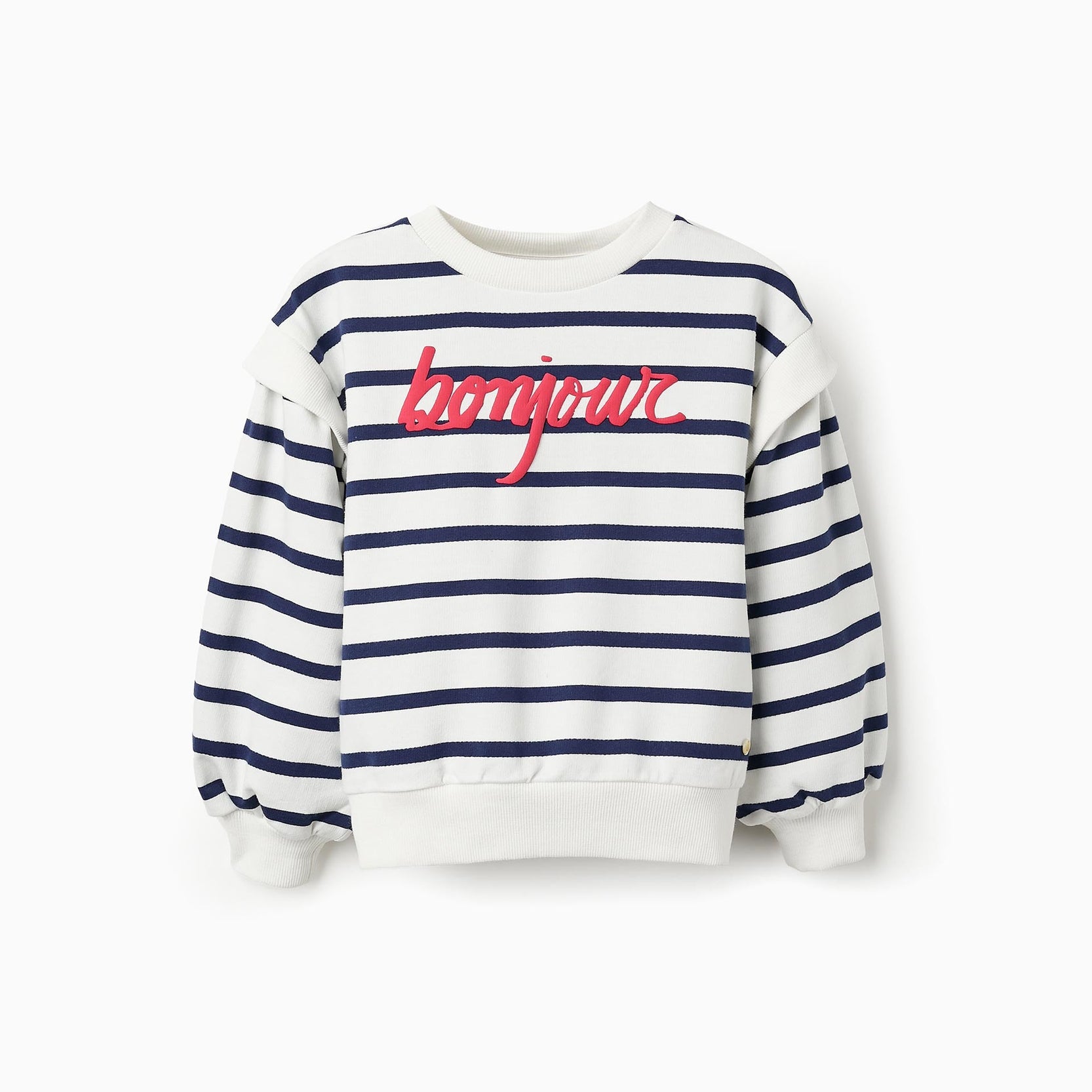 Striped sweatshirt for girls 'Bonjour', White/Navy Blue