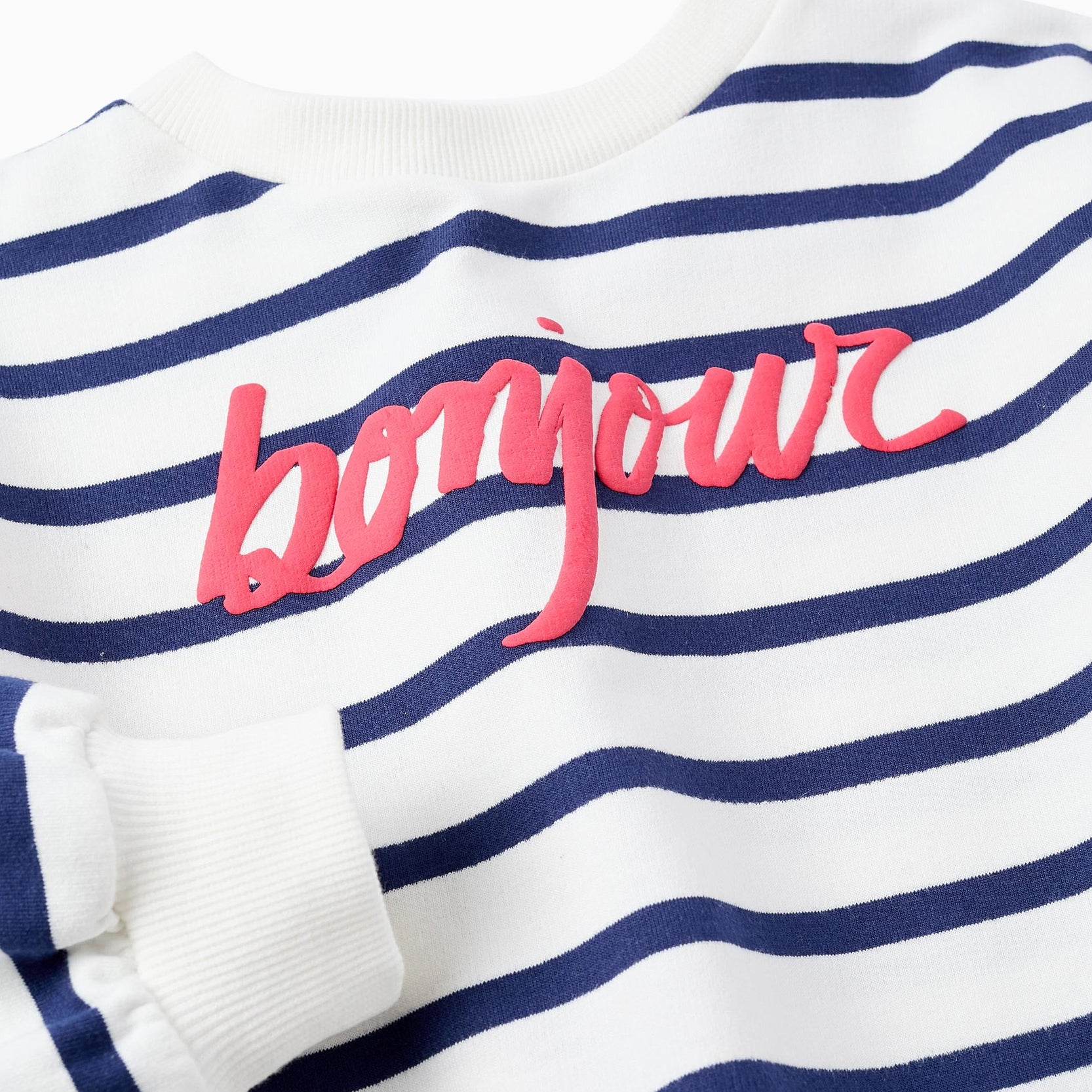 Striped sweatshirt for girls 'Bonjour', White/Navy Blue