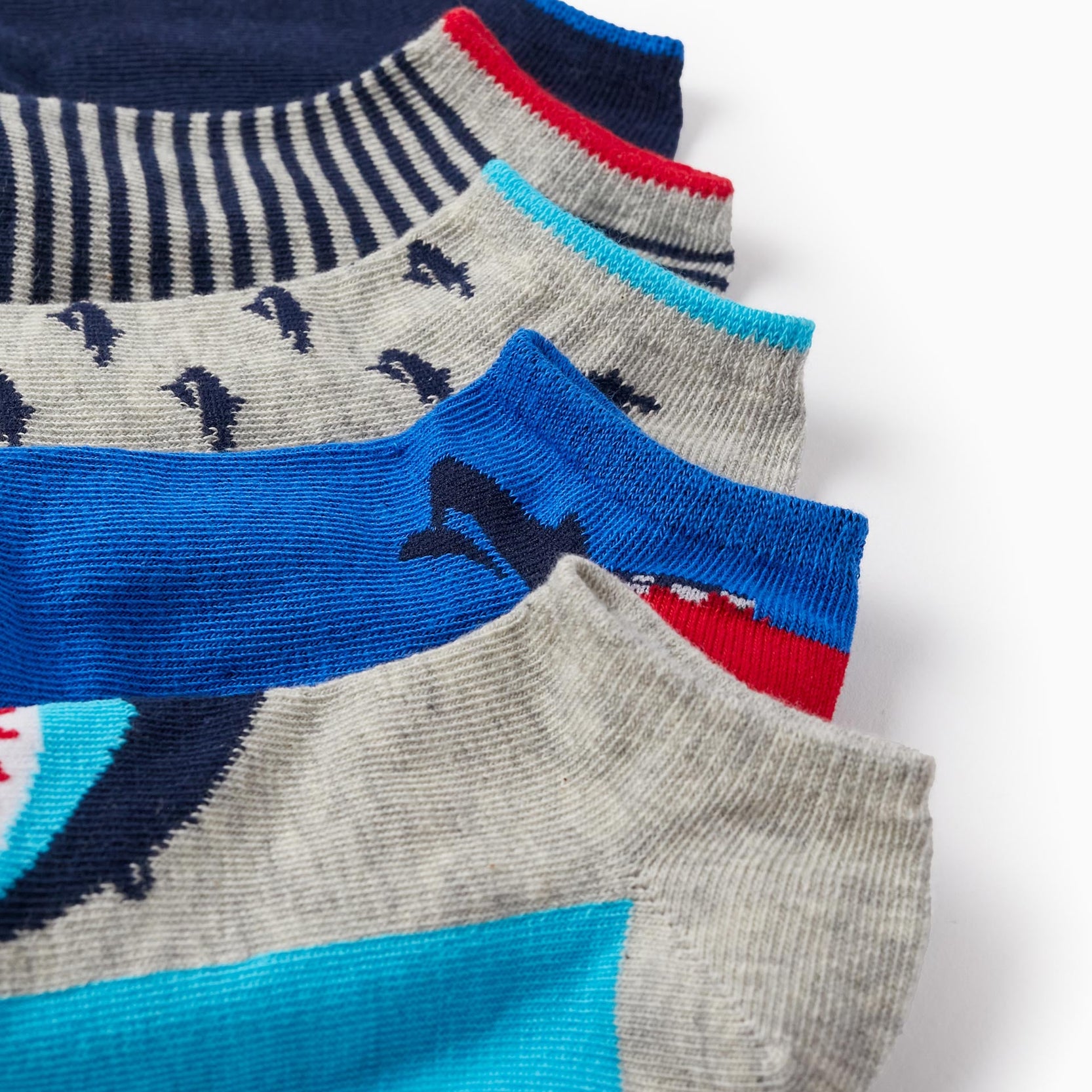 Pack of 5 Pairs of Ankle Socks for Boys 'Shark', Multicolour