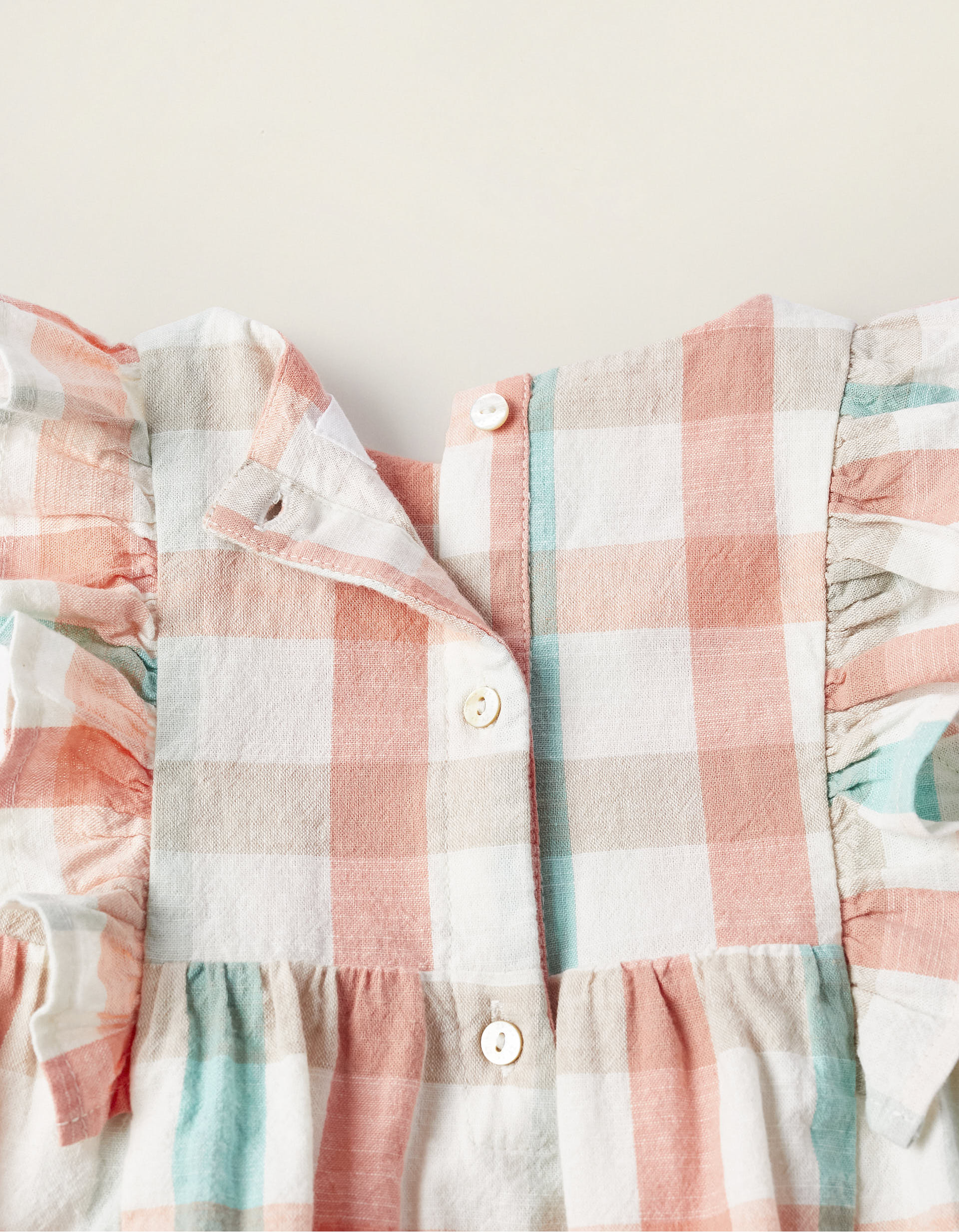 Plaid Cotton Jumpsuit for Newborn Girls 'B&S', Coral/Green Water