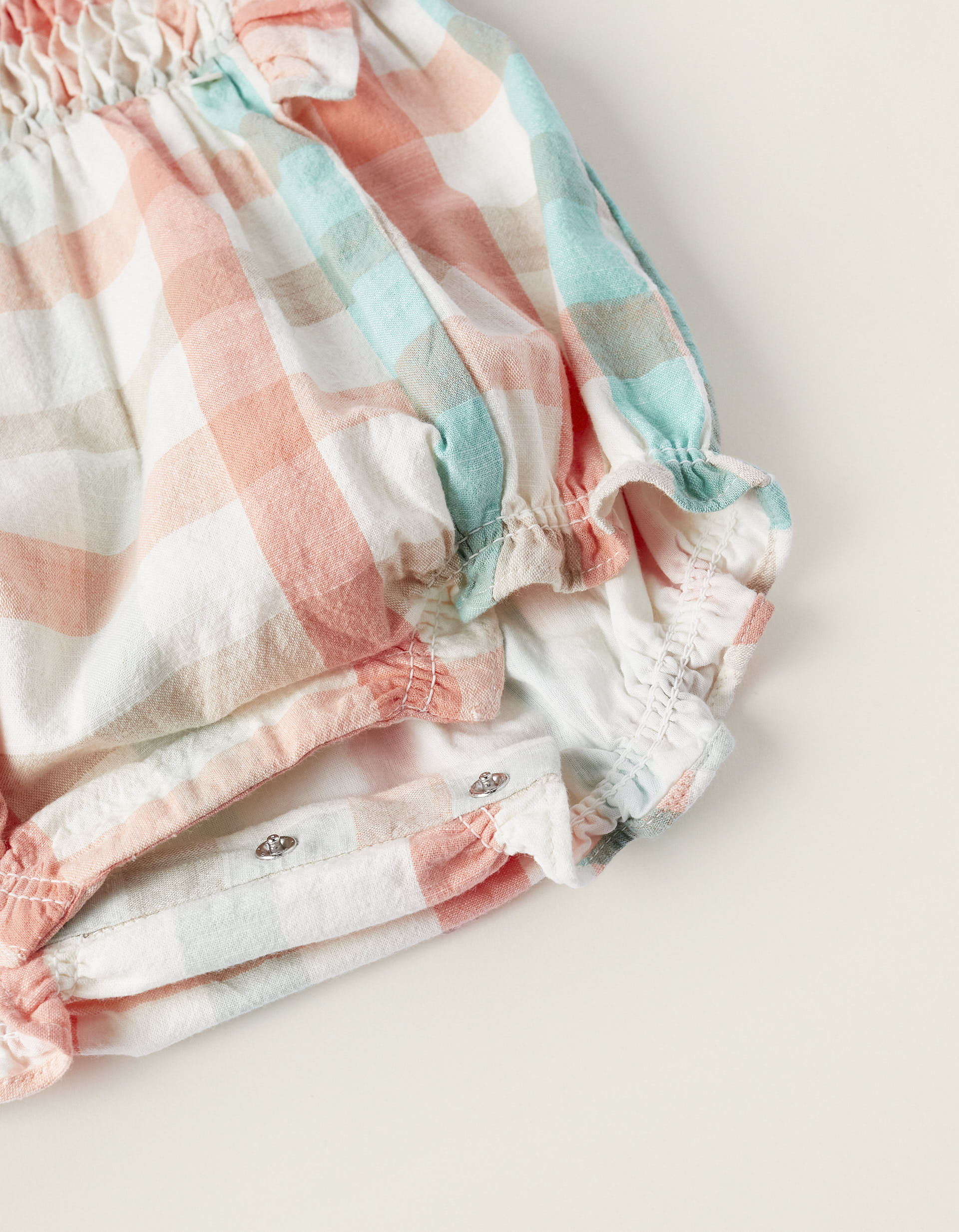 Plaid Cotton Jumpsuit for Newborn Girls 'B&S', Coral/Green Water