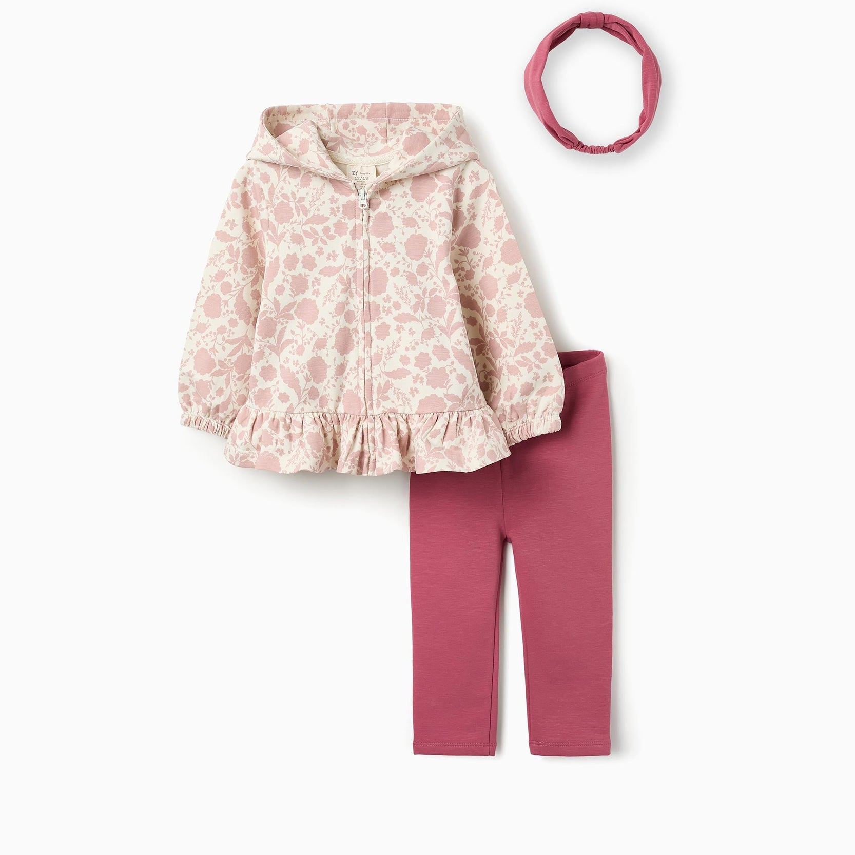 Floral Jacket + Trousers + Hairband for Baby Girls, White/Pink