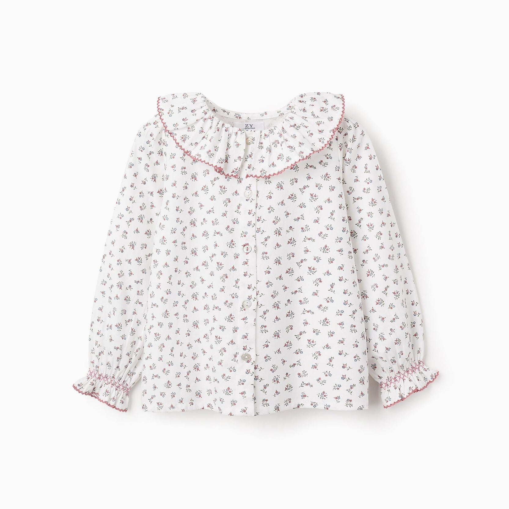 Floral Cotton Shirt with Ruffles for Girls, White