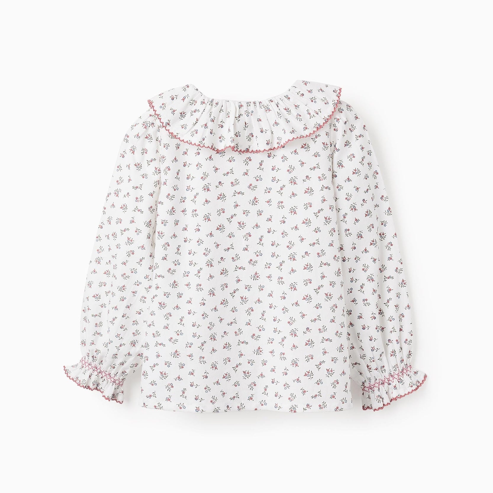 Floral Cotton Shirt with Ruffles for Girls, White