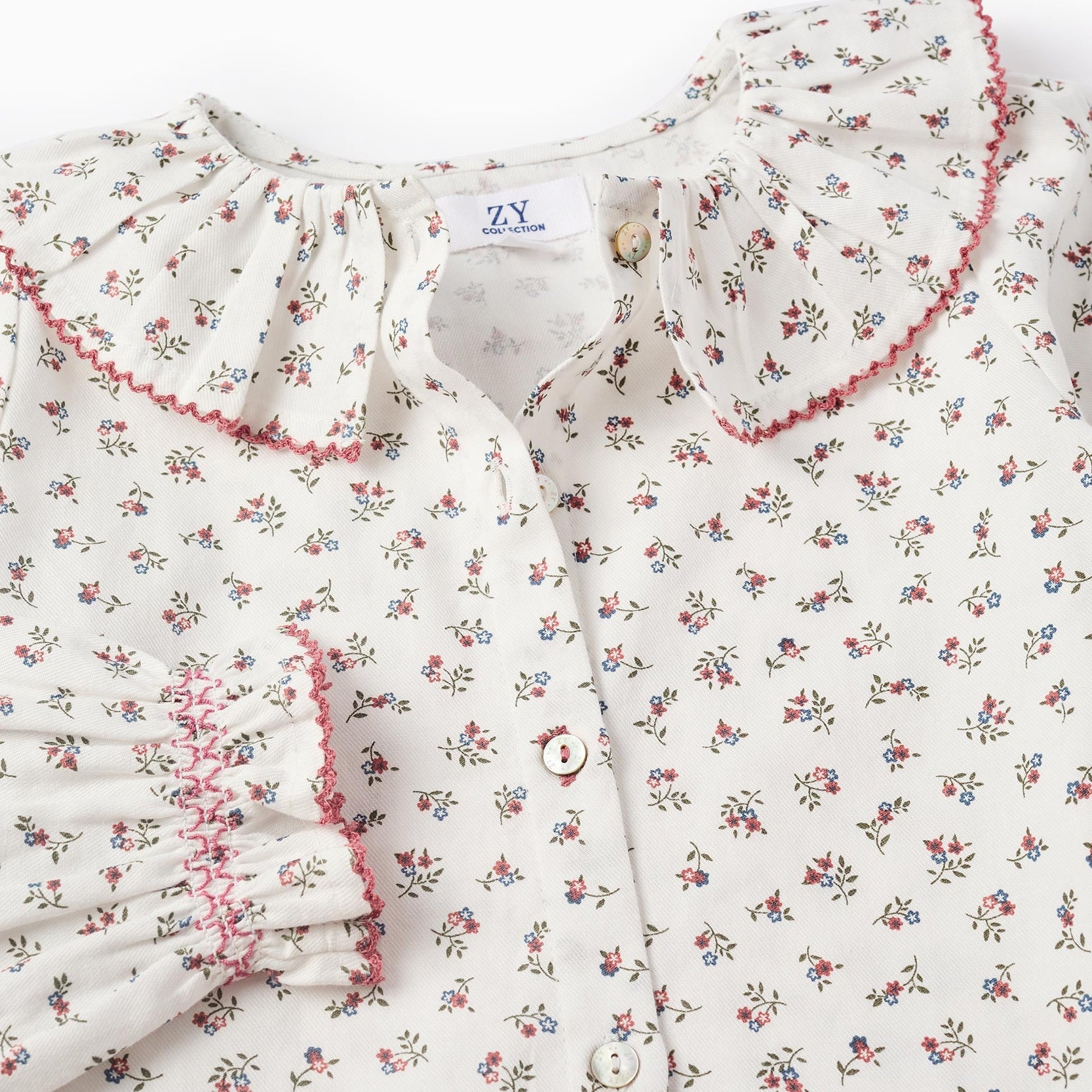 Floral Cotton Shirt with Ruffles for Girls, White