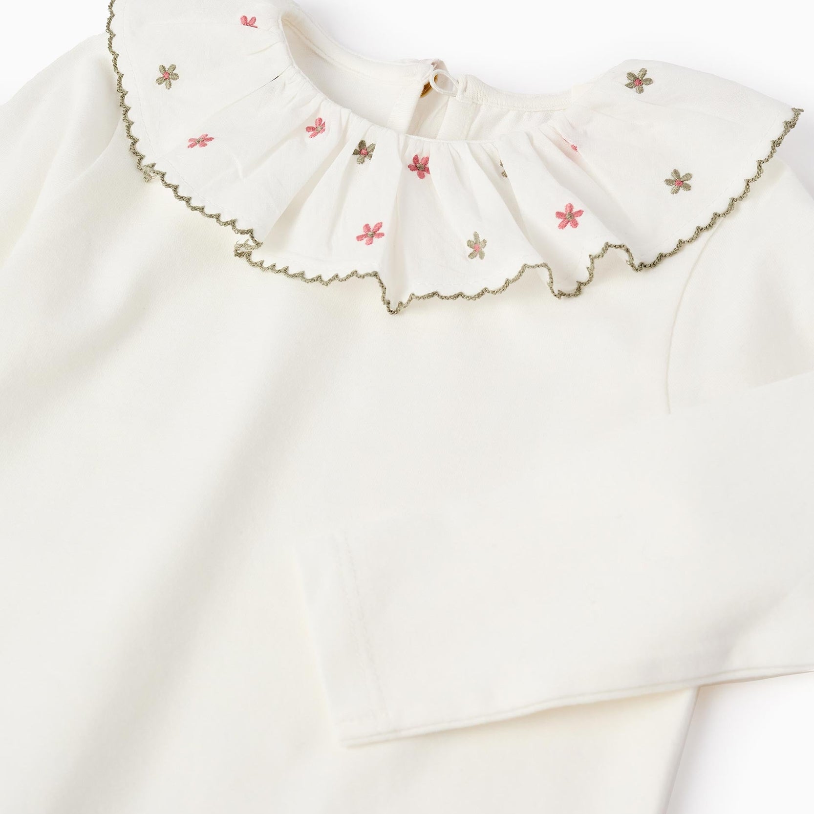 Long Sleeve T-shirt with Floral Collar for Baby Girls, White