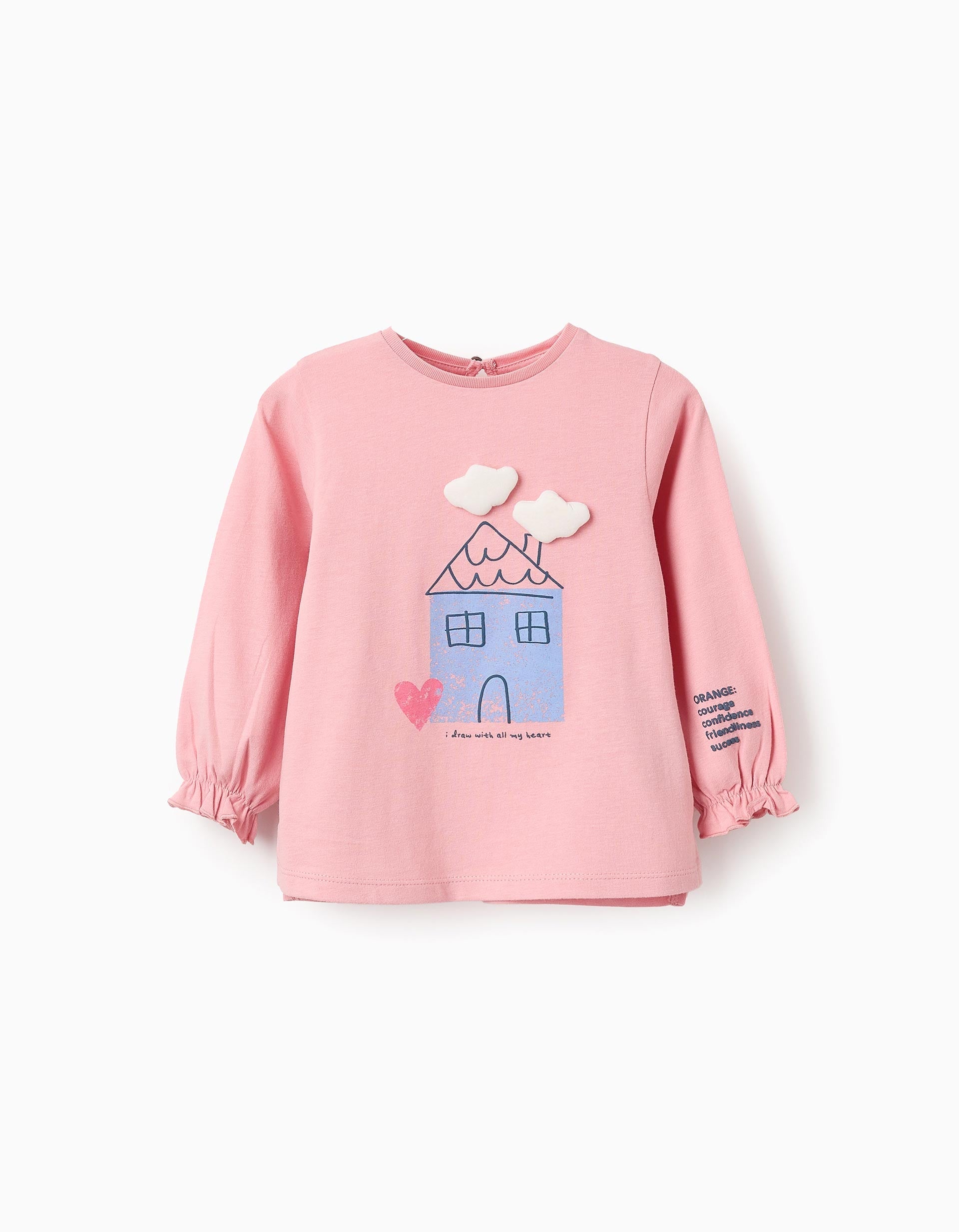 Long-Sleeved Cotton T-shirt for Baby Girls 'Clouds', Pink