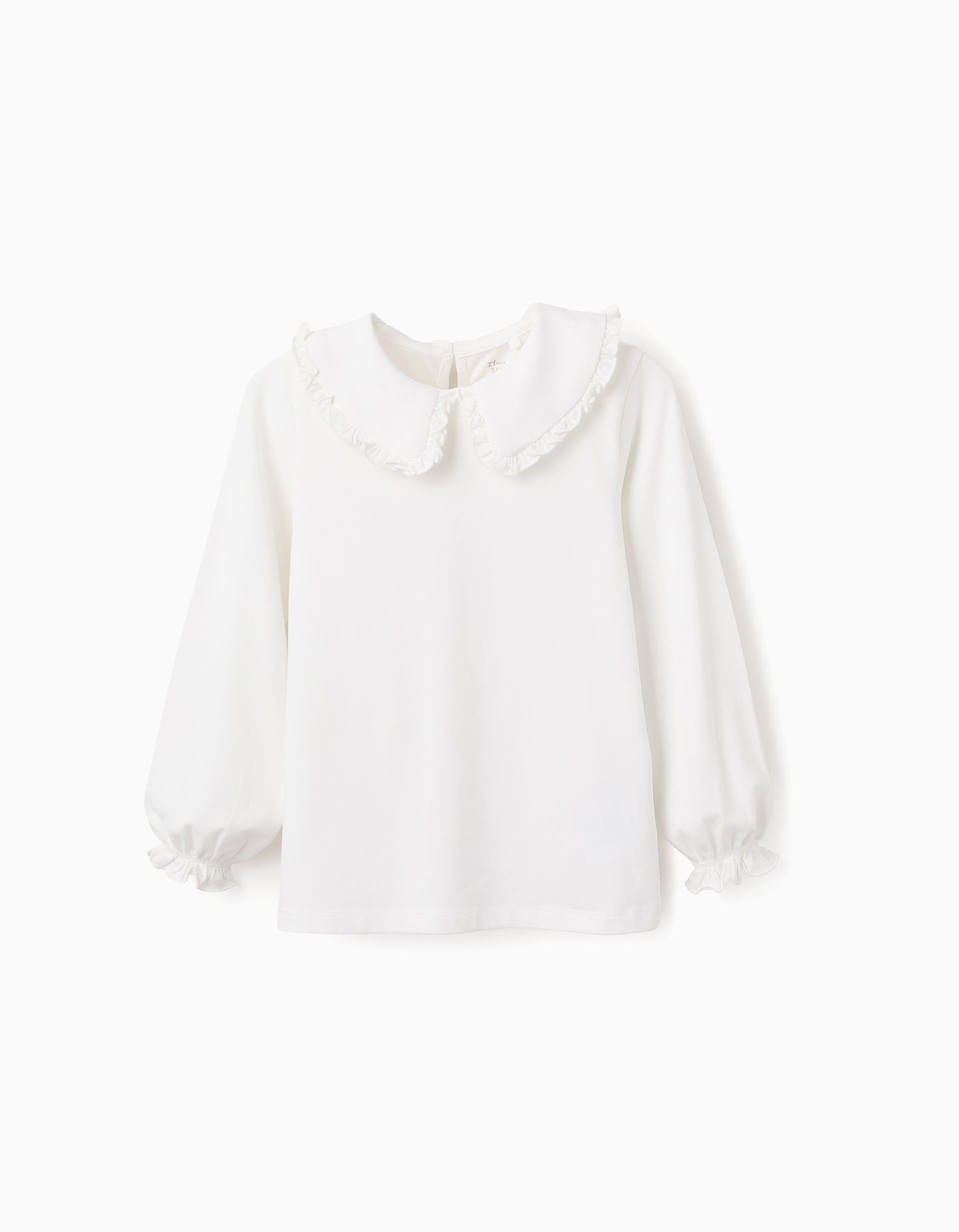 Jersey T-shirt with Ruffled Collar for Girls, White