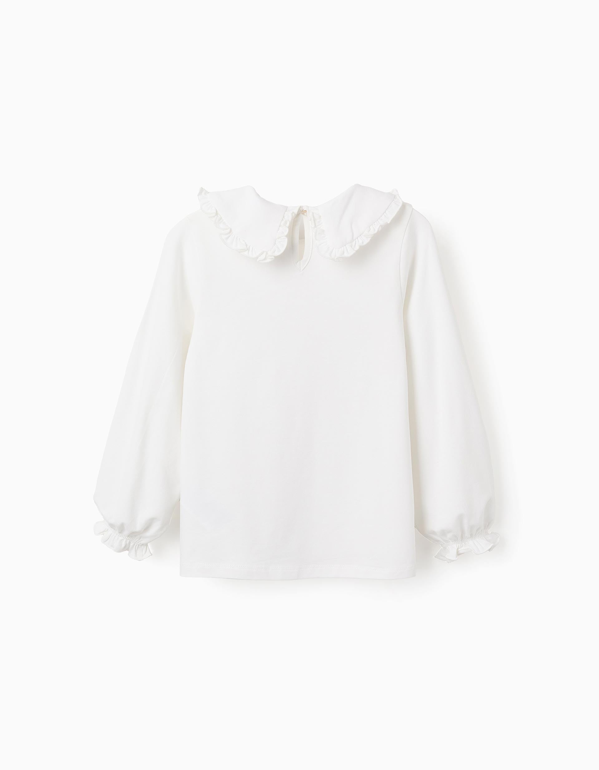 Jersey T-shirt with Ruffled Collar for Girls, White