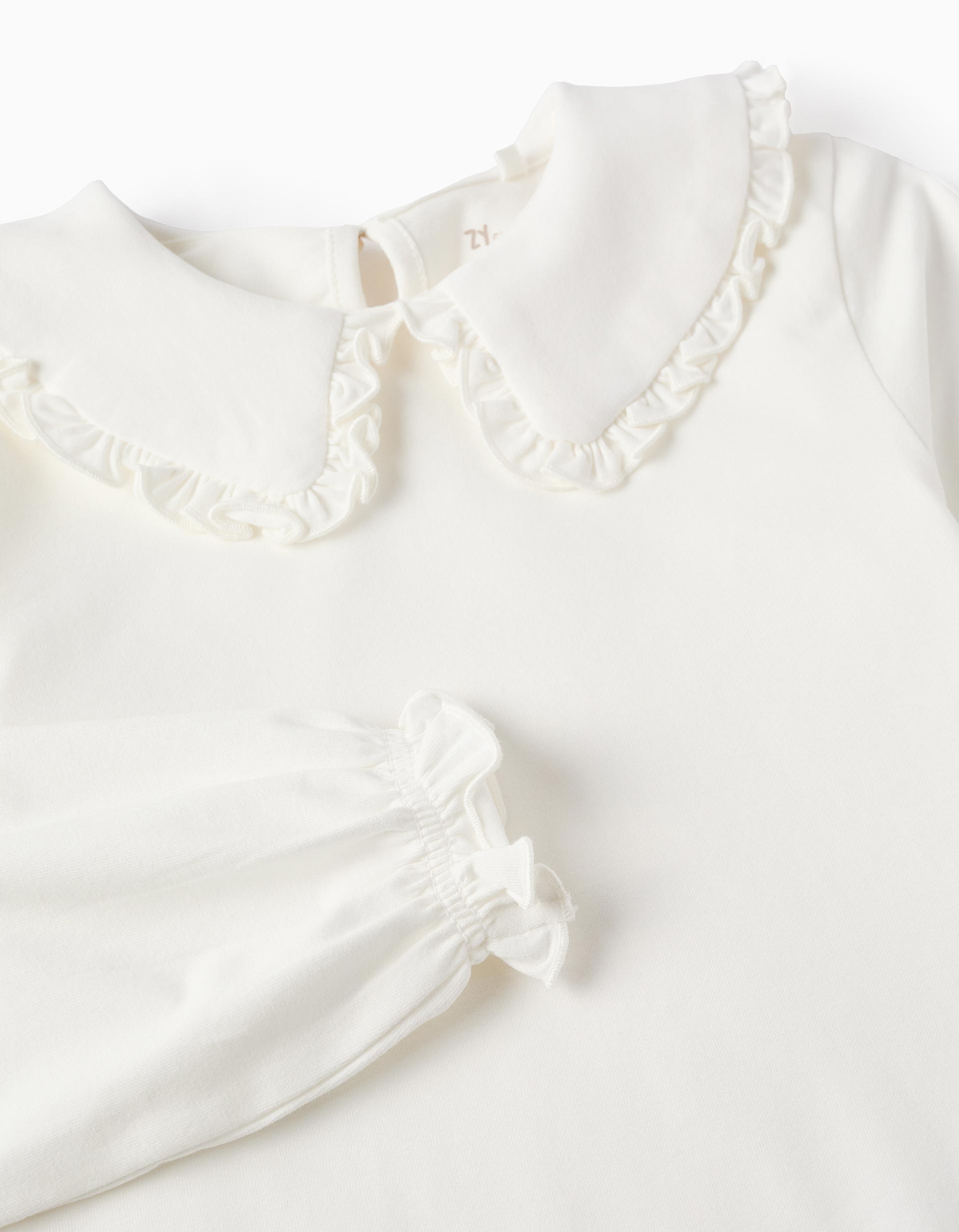 Jersey T-shirt with Ruffled Collar for Girls, White