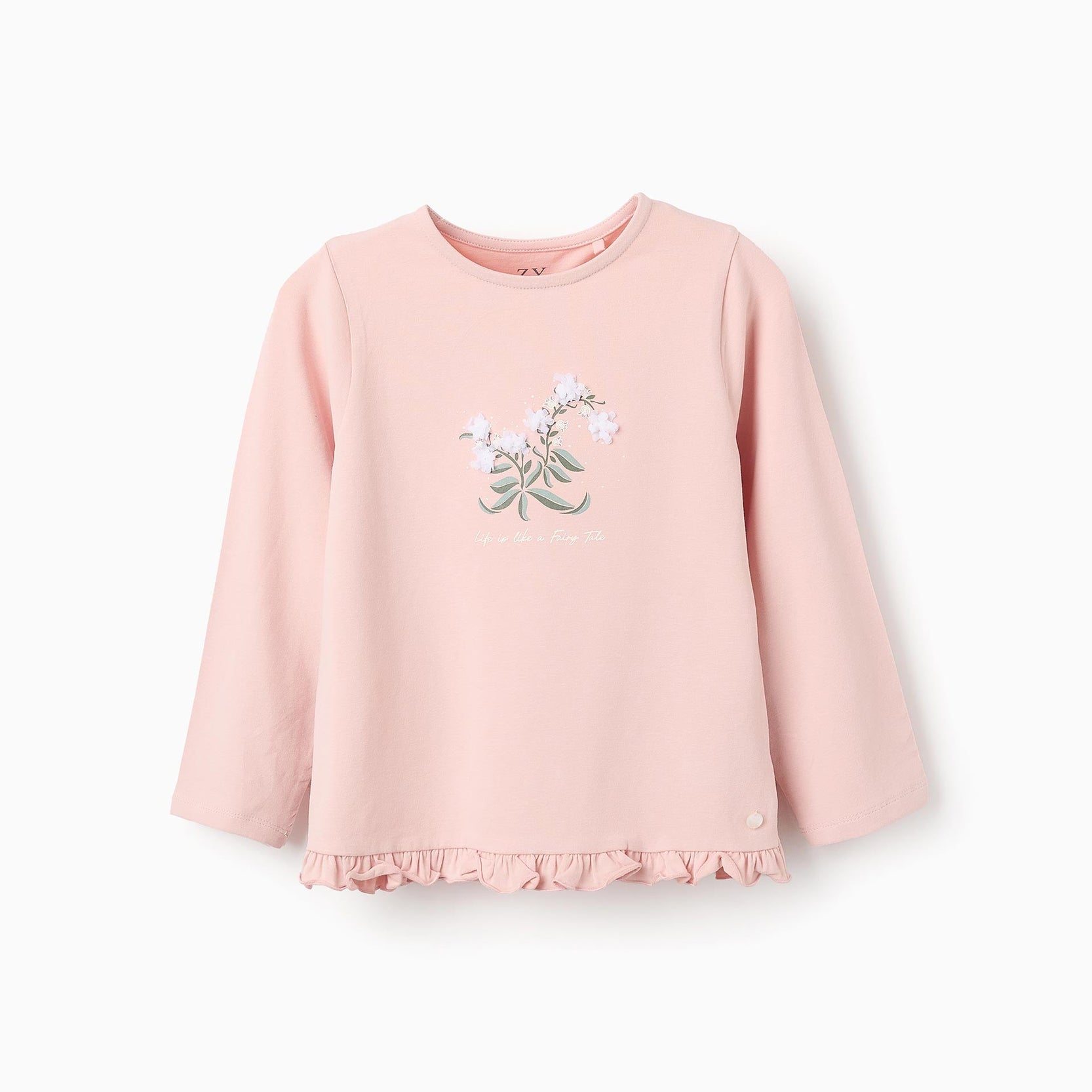 Long Sleeve T-shirt with Ruffles and 3D Flowers for Girls, Pink
