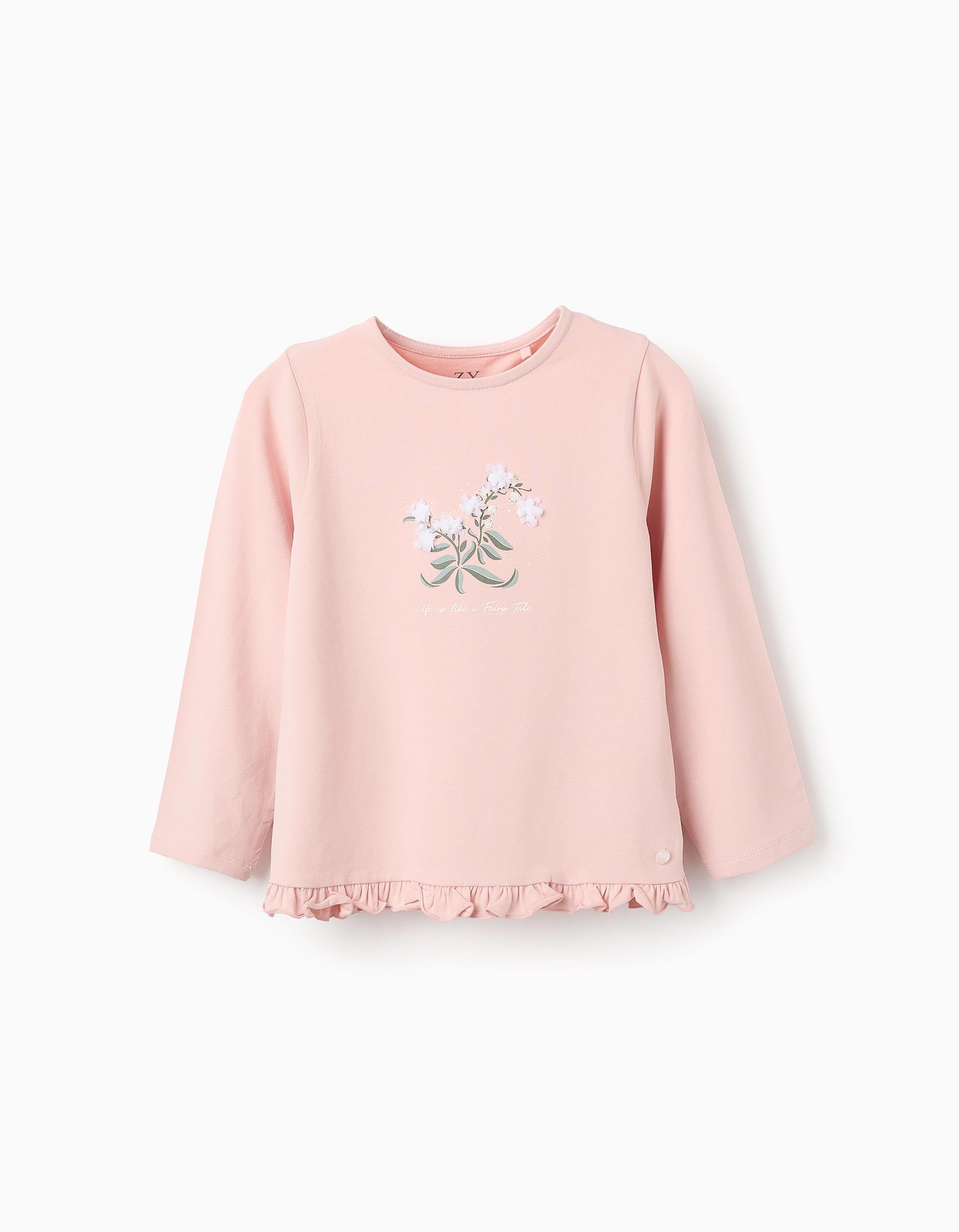 Long Sleeve T-shirt with Ruffles and 3D Flowers for Girls, Pink