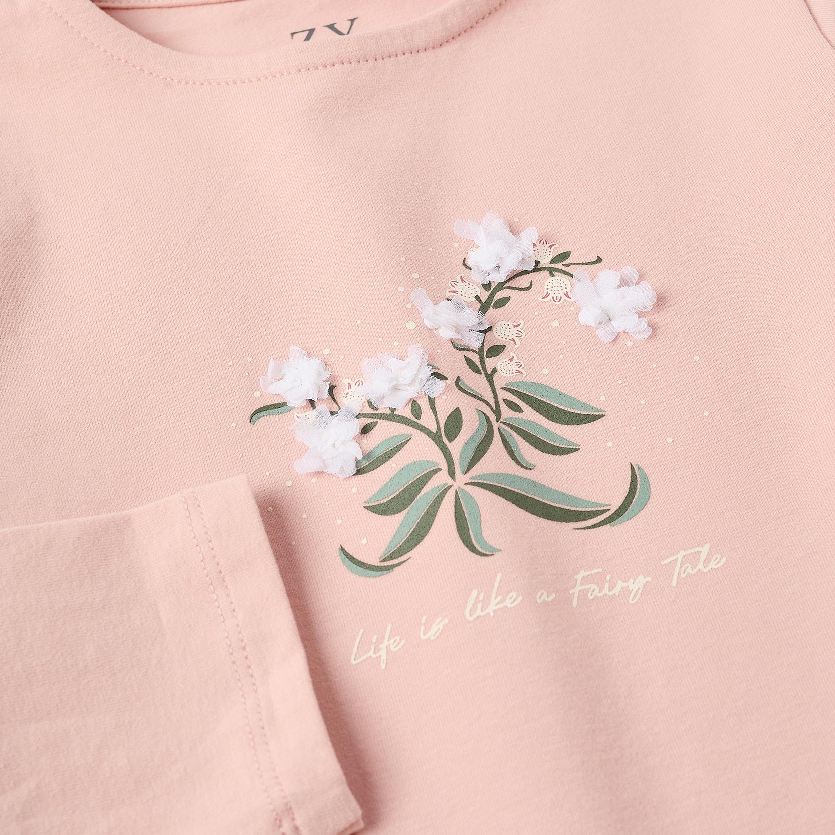 Long Sleeve T-shirt with Ruffles and 3D Flowers for Girls, Pink