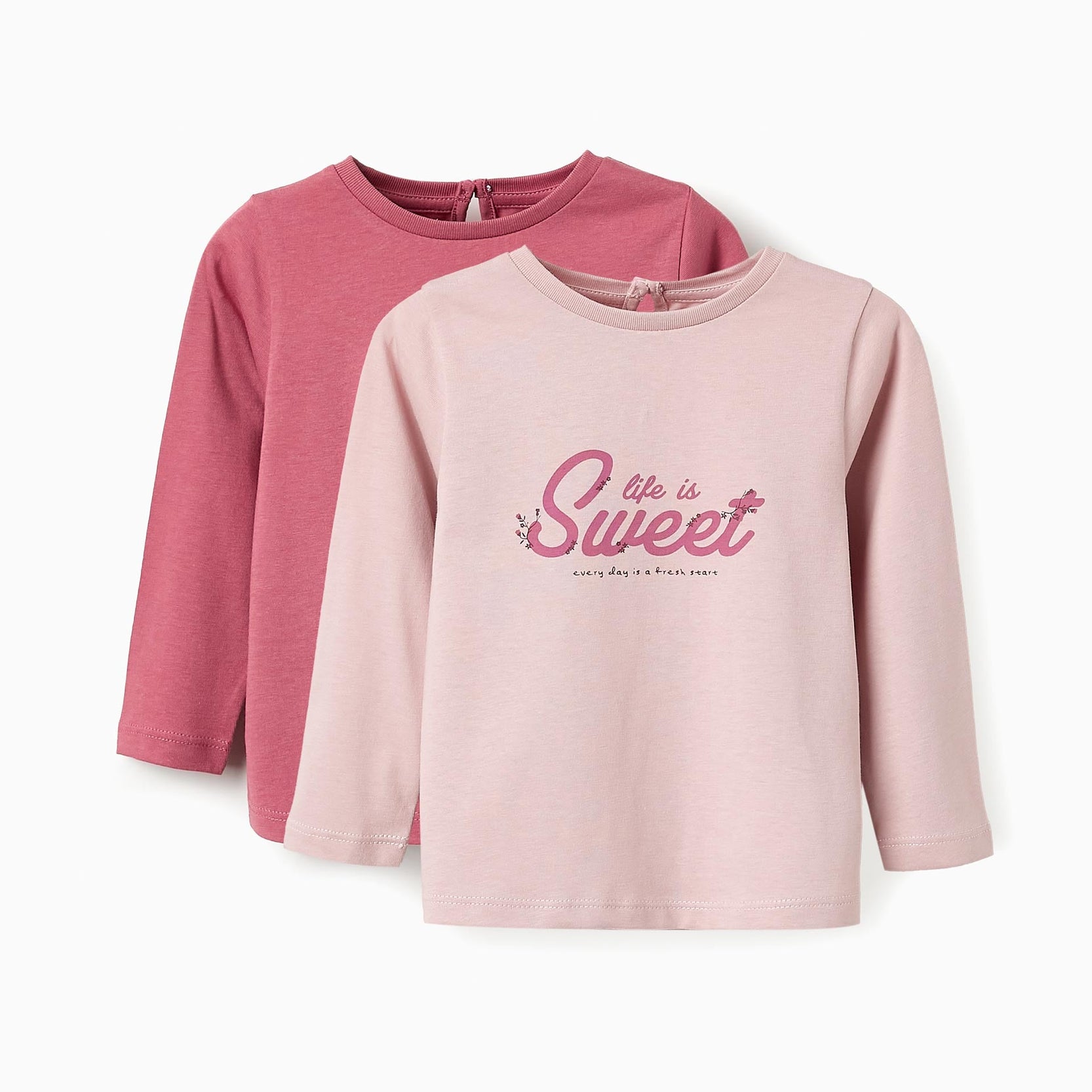 2 Long-sleeved Cotton T-shirts for Baby Girls 'Sweet', Pink