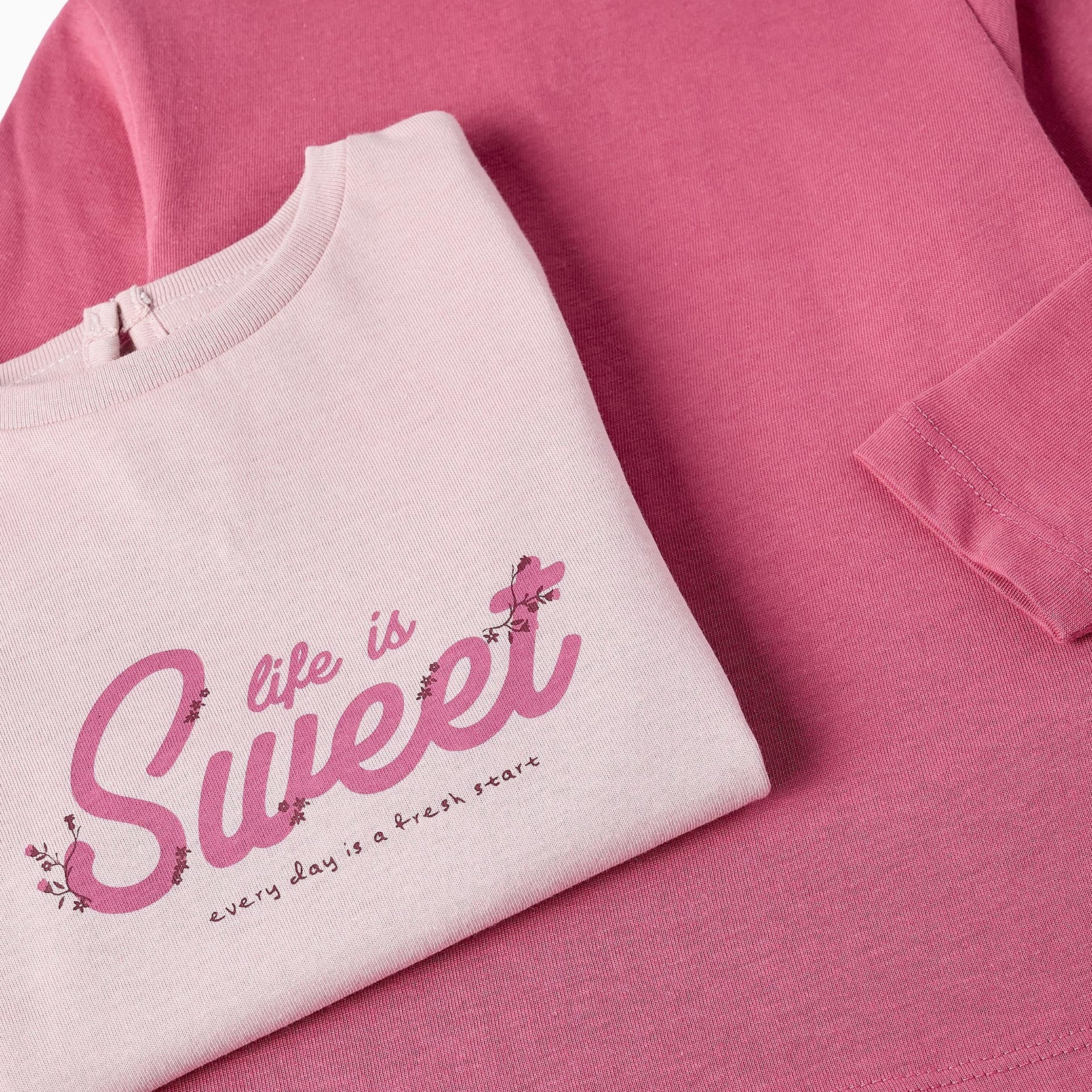 2 Long-sleeved Cotton T-shirts for Baby Girls 'Sweet', Pink