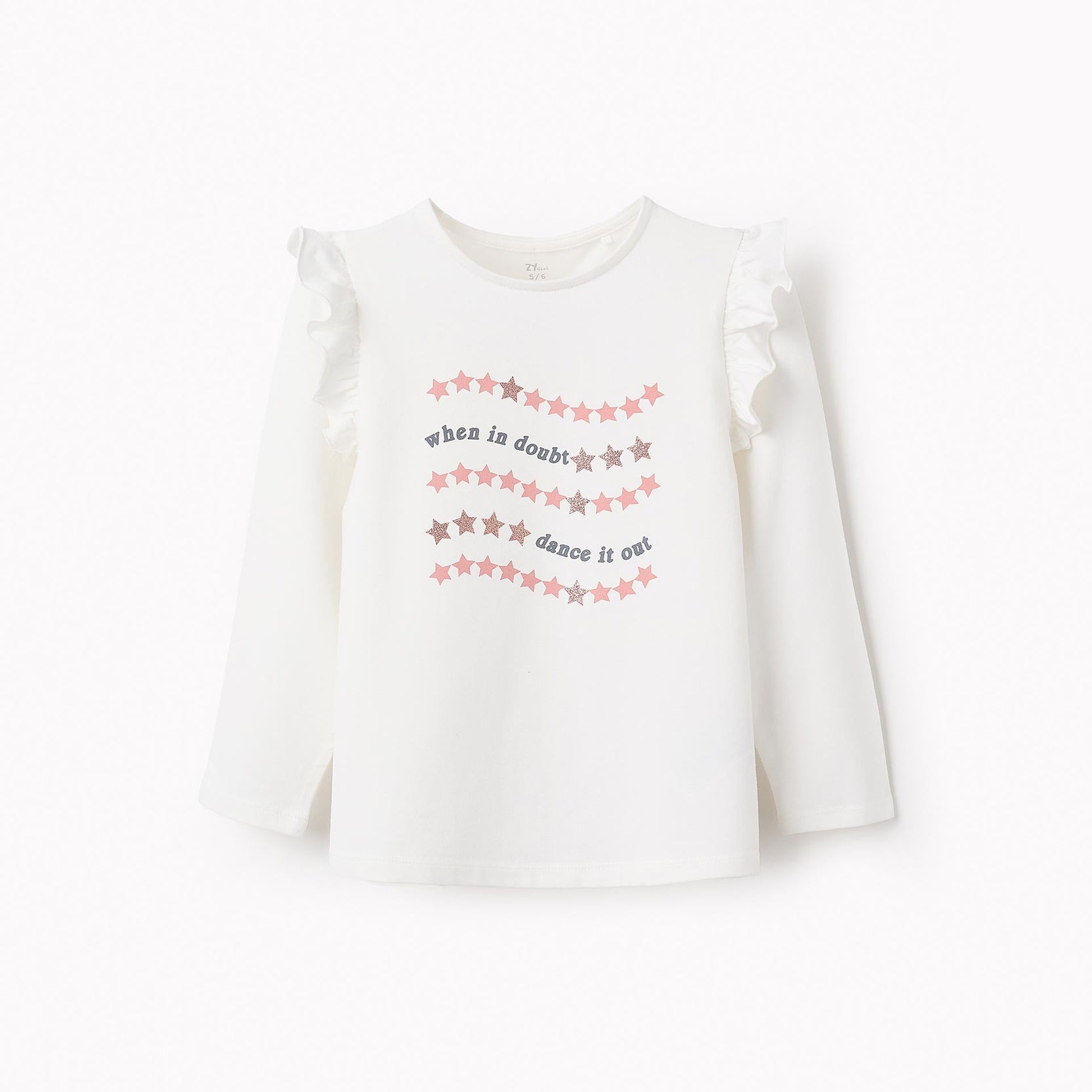 Long-Sleeved T-Shirt with Frills and Glitter for Girls, White