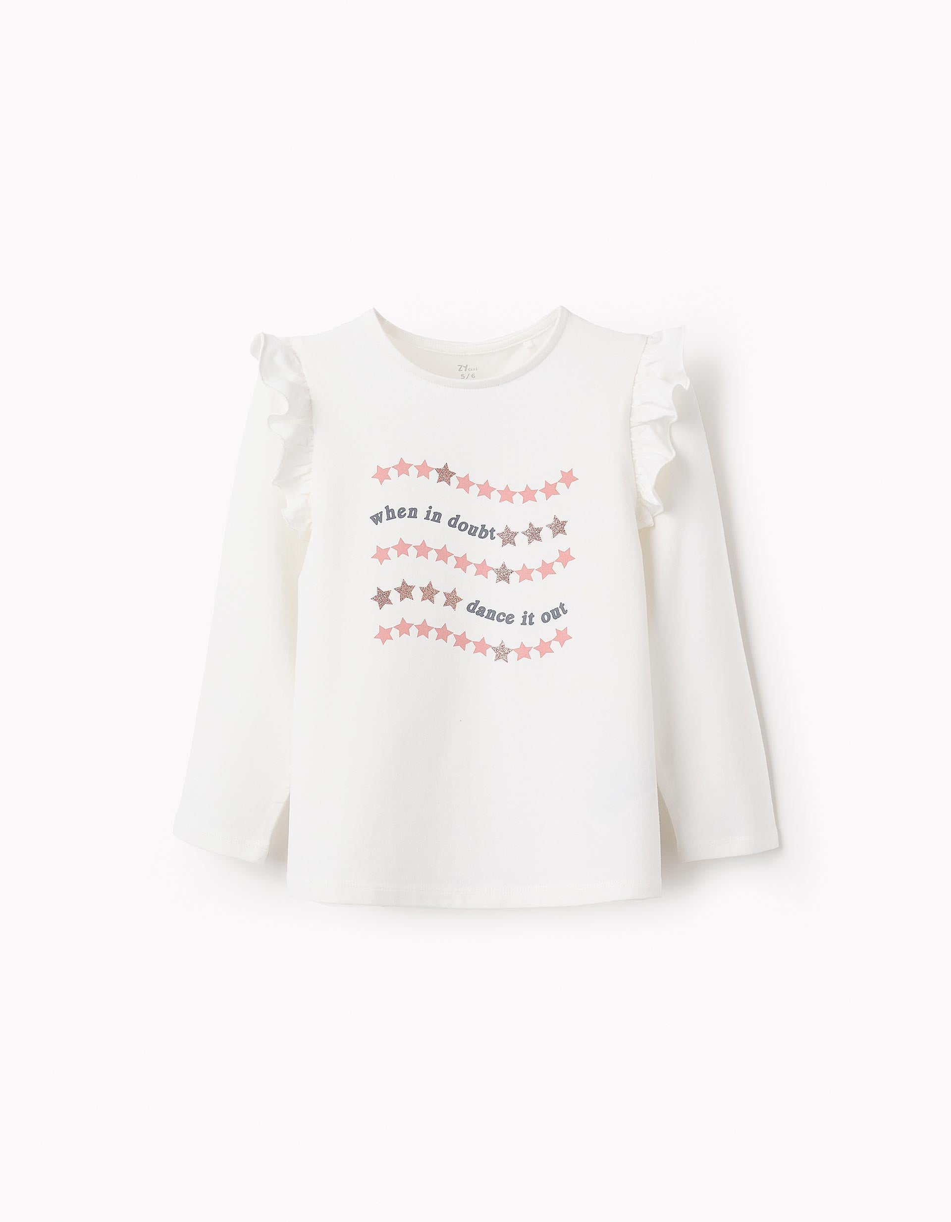 Long-Sleeved T-Shirt with Frills and Glitter for Girls, White