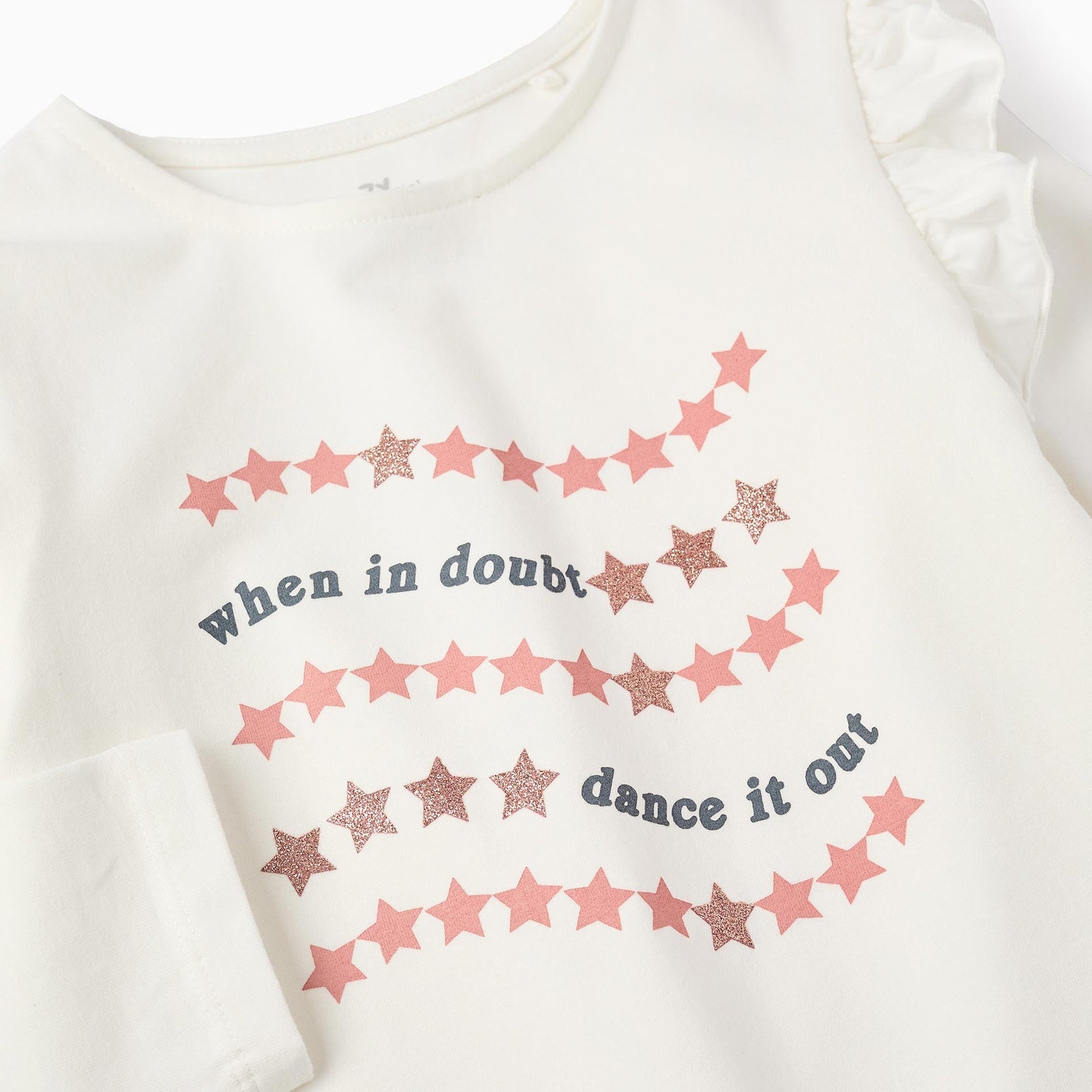 Long-Sleeved T-Shirt with Frills and Glitter for Girls, White