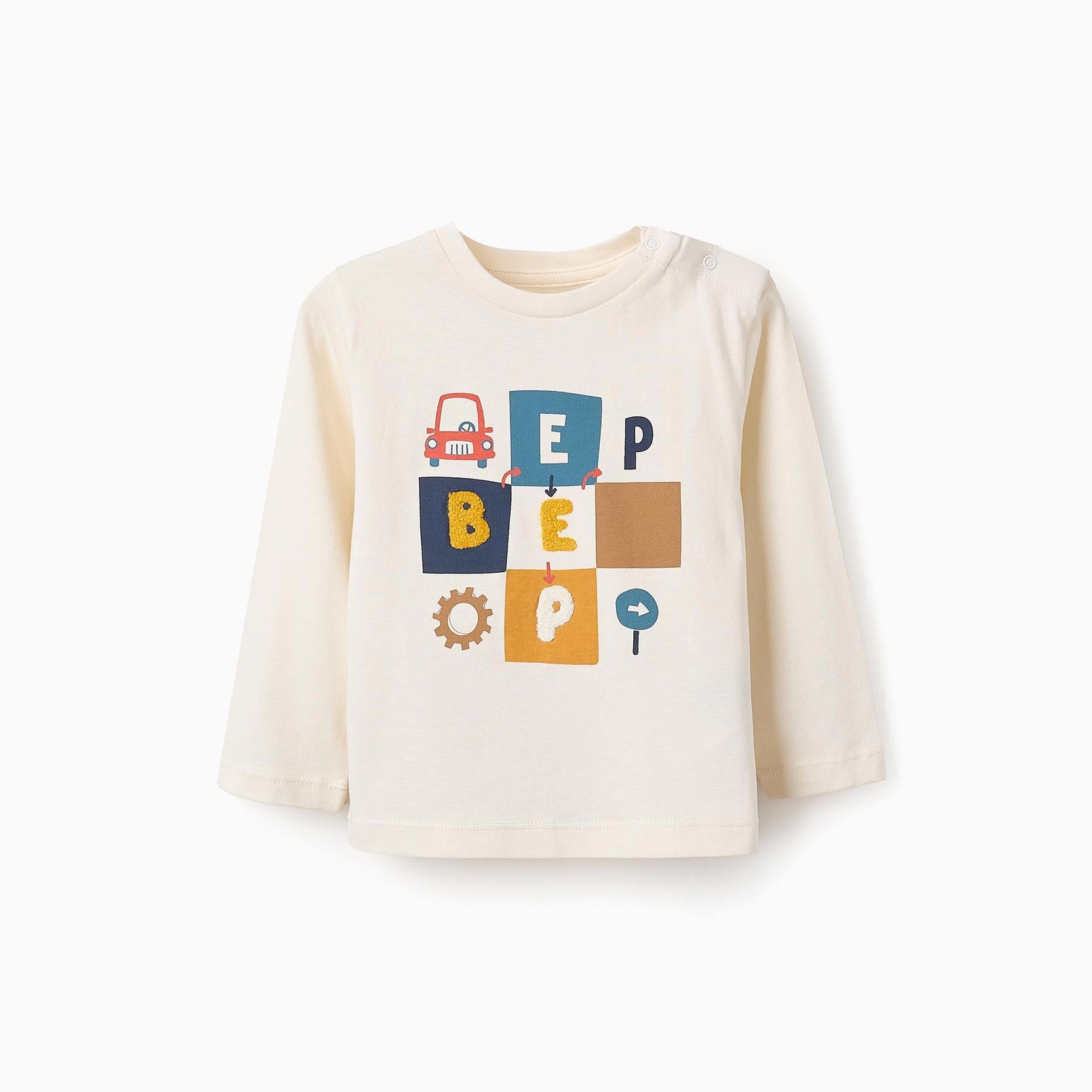 Long Sleeve Cotton T-shirt for Baby Boys 'Beep', Beige