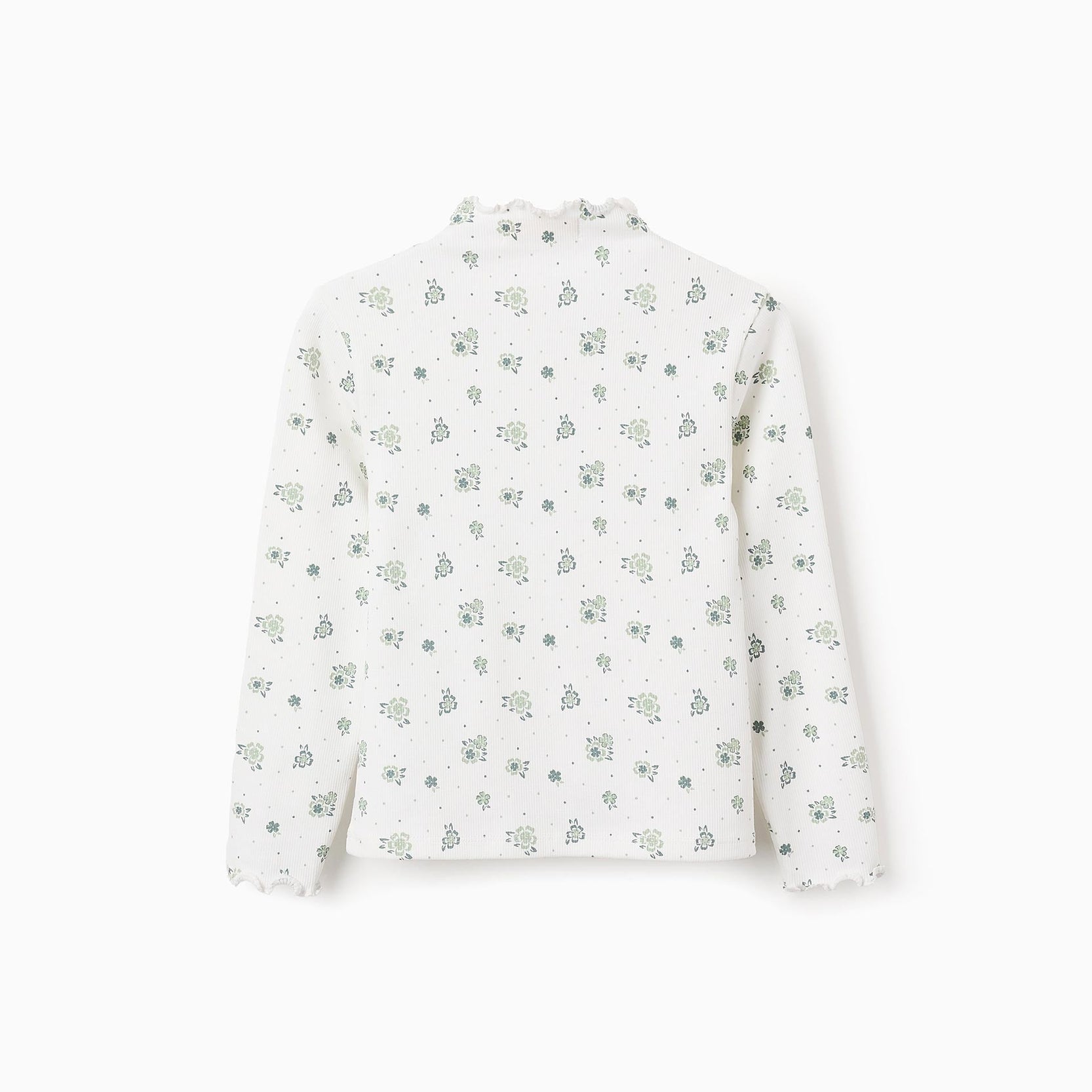 Ribbed Floral Long Sleeve T-shirt for Girls, White/Green