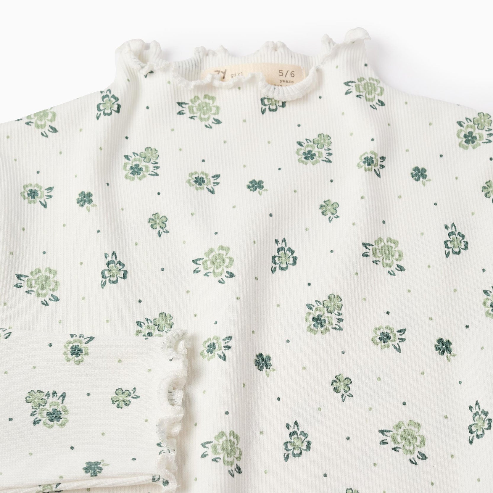 Ribbed Floral Long Sleeve T-shirt for Girls, White/Green