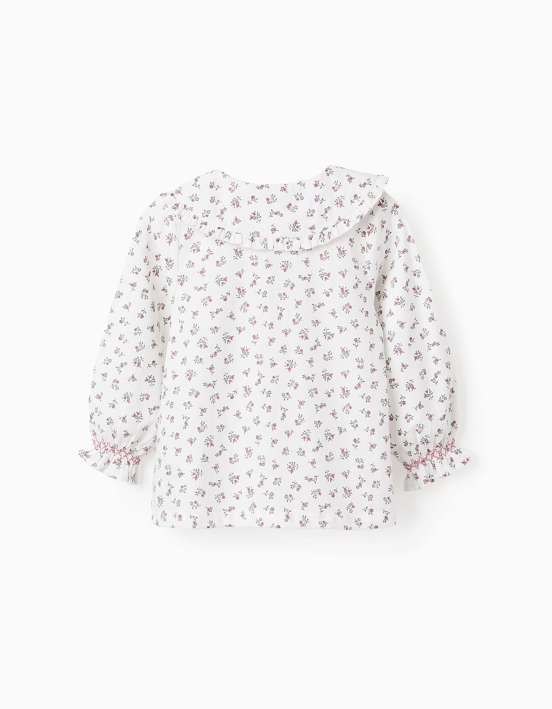 Floral Cotton Shirt with Ruffles for Baby Girls, White