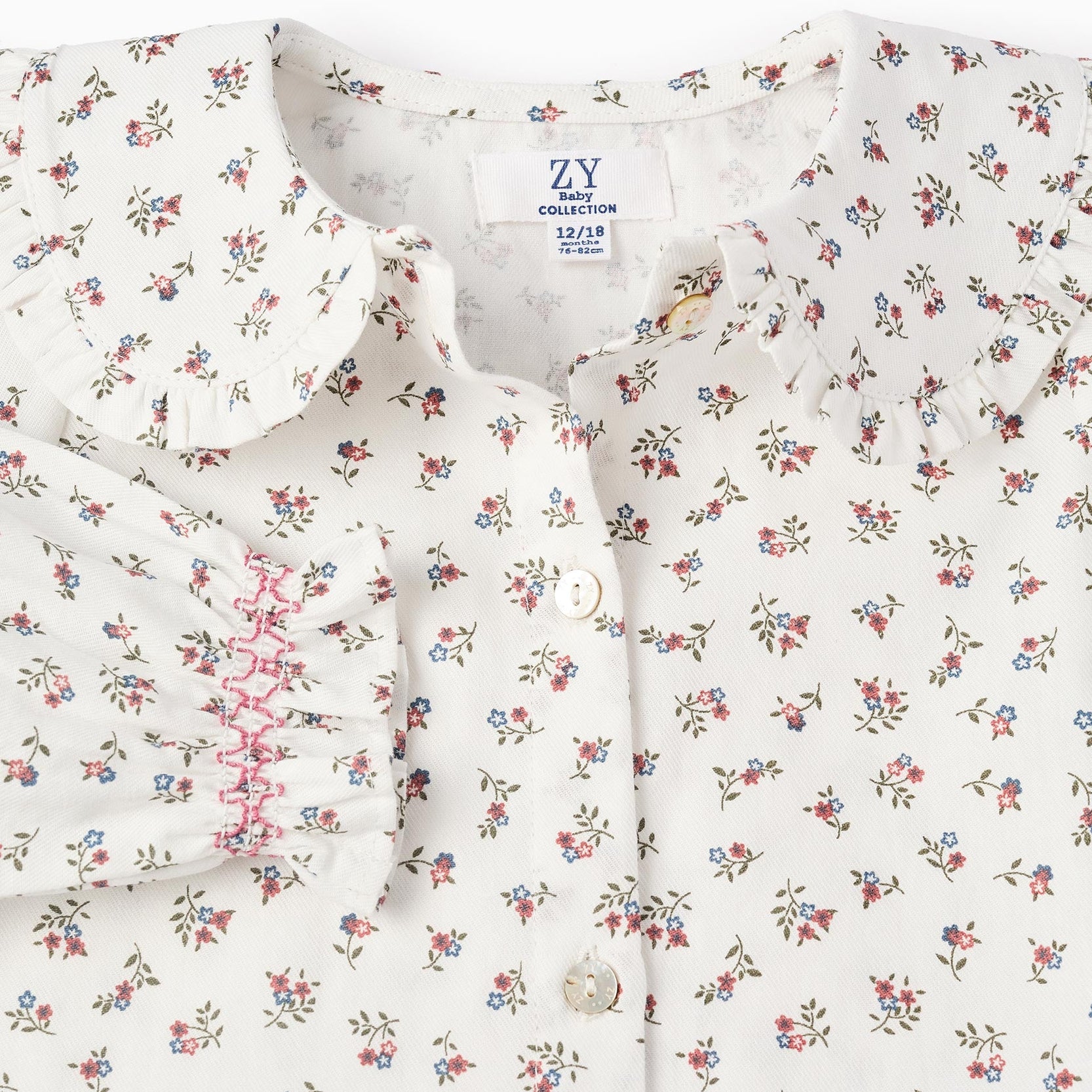 Floral Cotton Shirt with Ruffles for Baby Girls, White