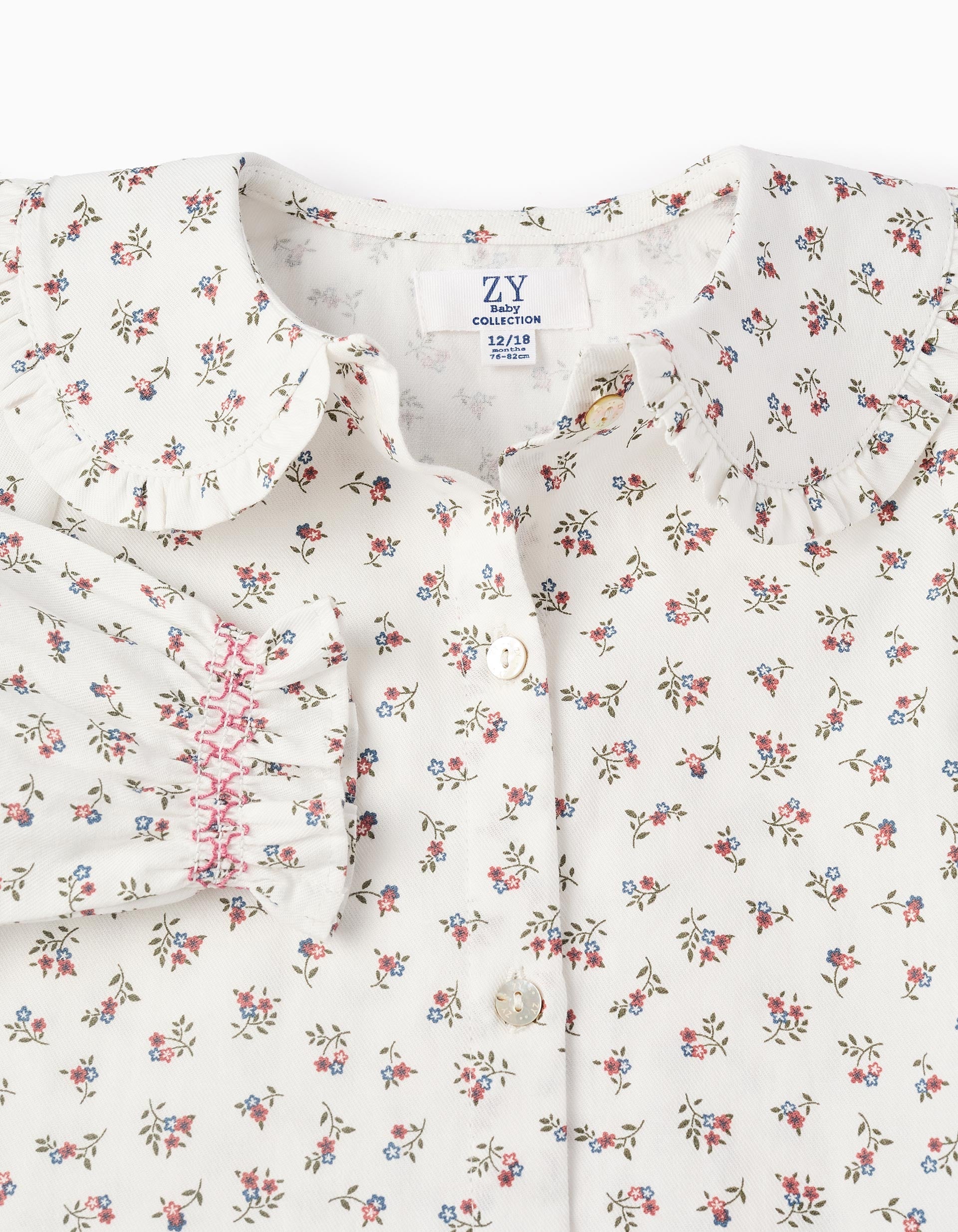 Floral Cotton Shirt with Ruffles for Baby Girls, White