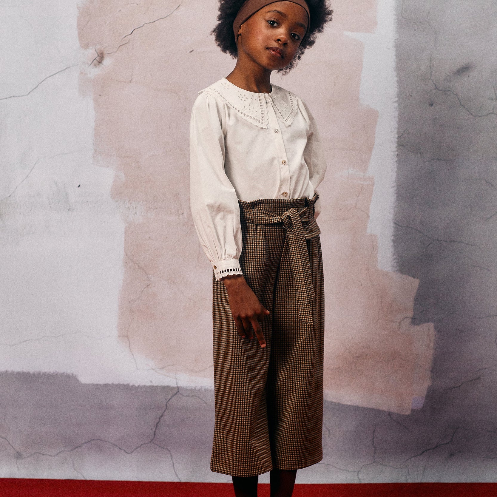 Pied de Poule Wide Leg Trousers for Girls, Beige/Brown