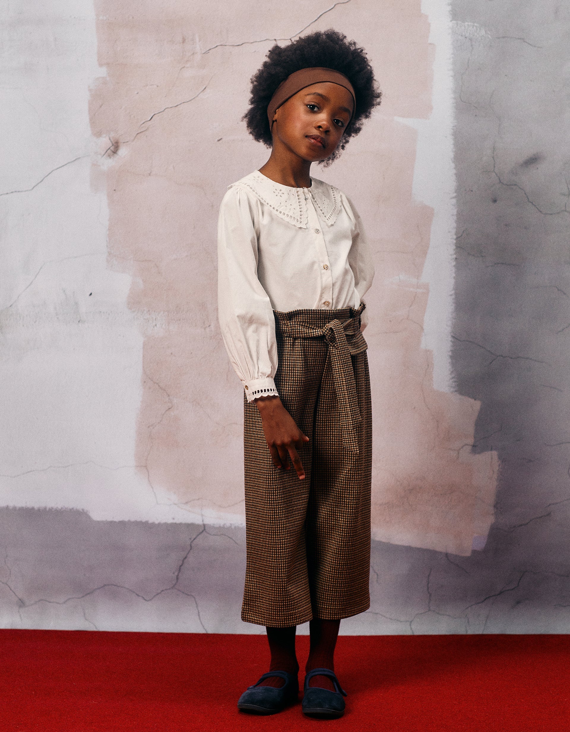 Pied de Poule Wide Leg Trousers for Girls, Beige/Brown