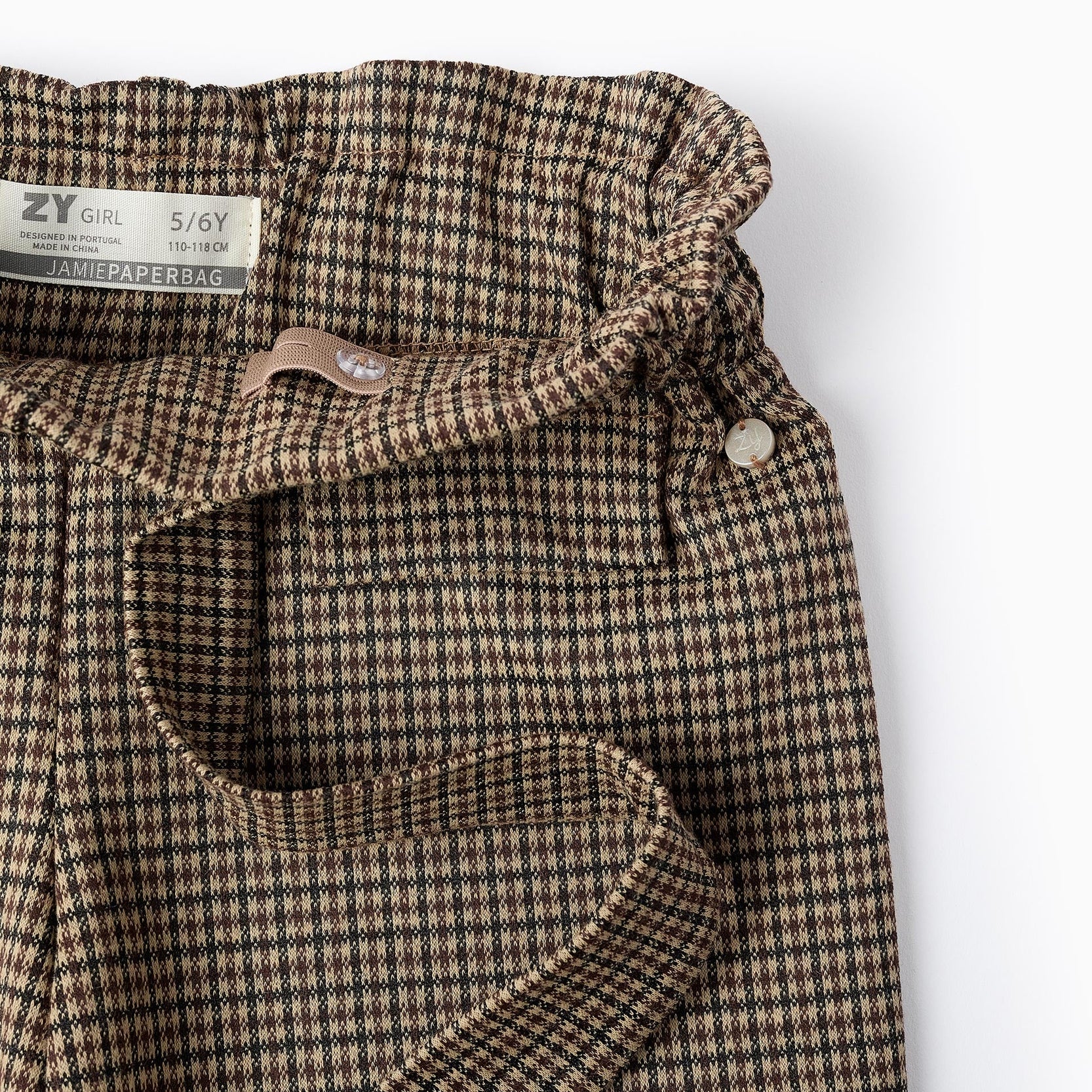 Pied de Poule Wide Leg Trousers for Girls, Beige/Brown