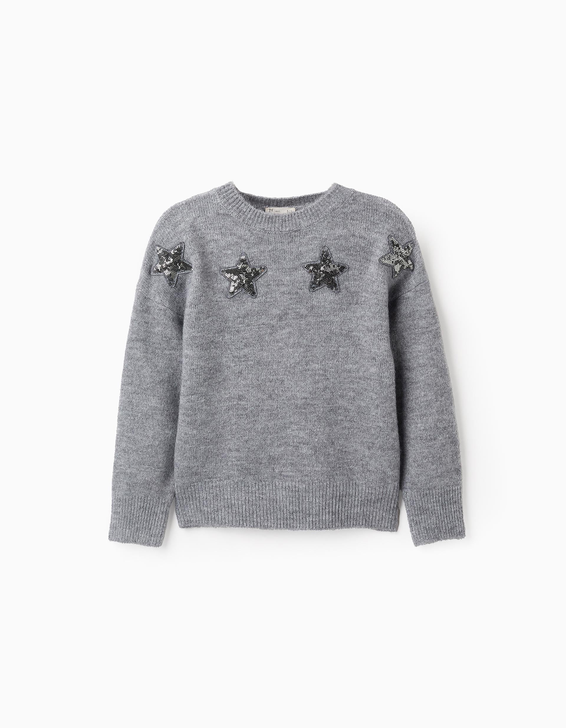 Knitted Jumper with Stars and Sequins for Girls, Grey