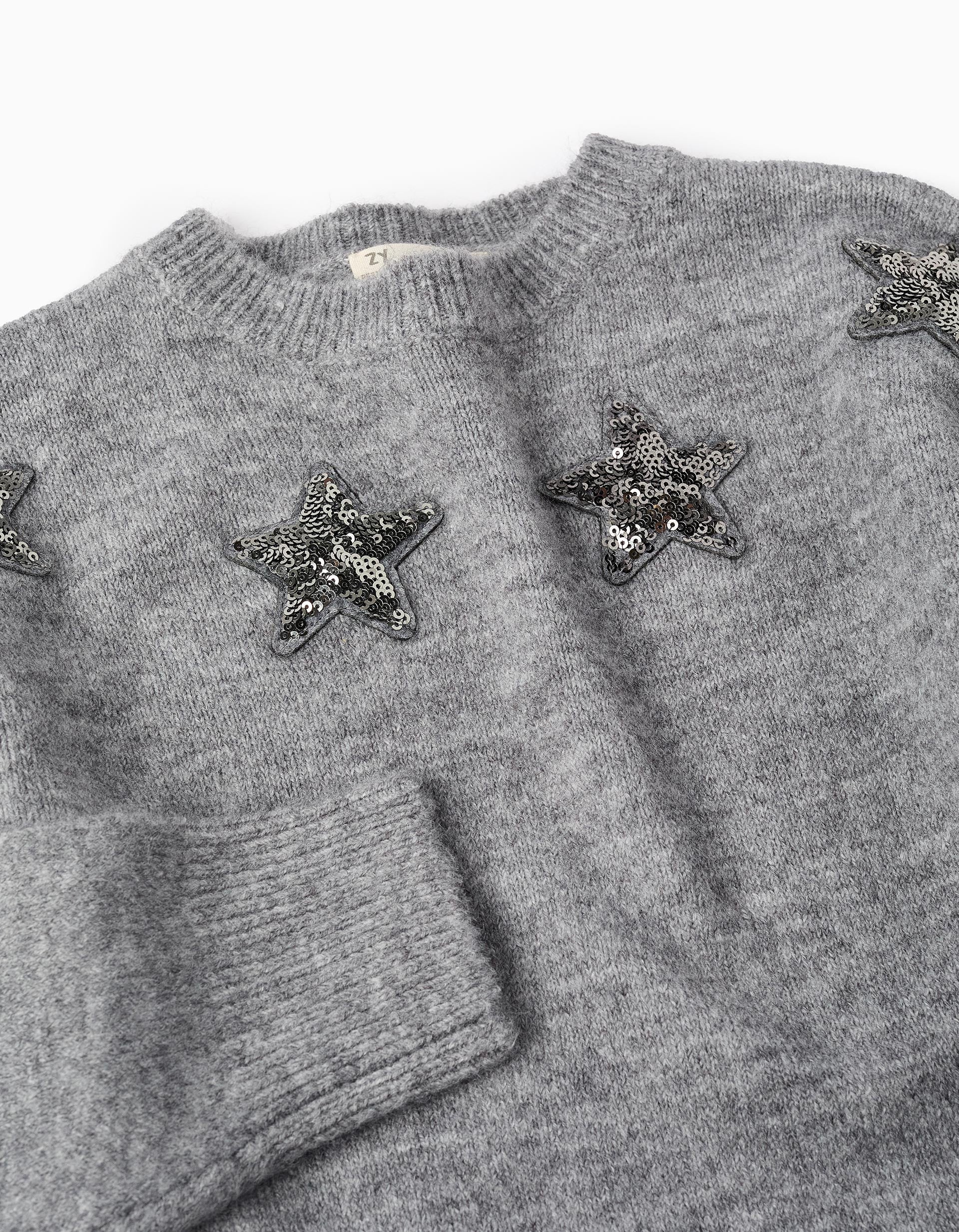 Knitted Jumper with Stars and Sequins for Girls, Grey