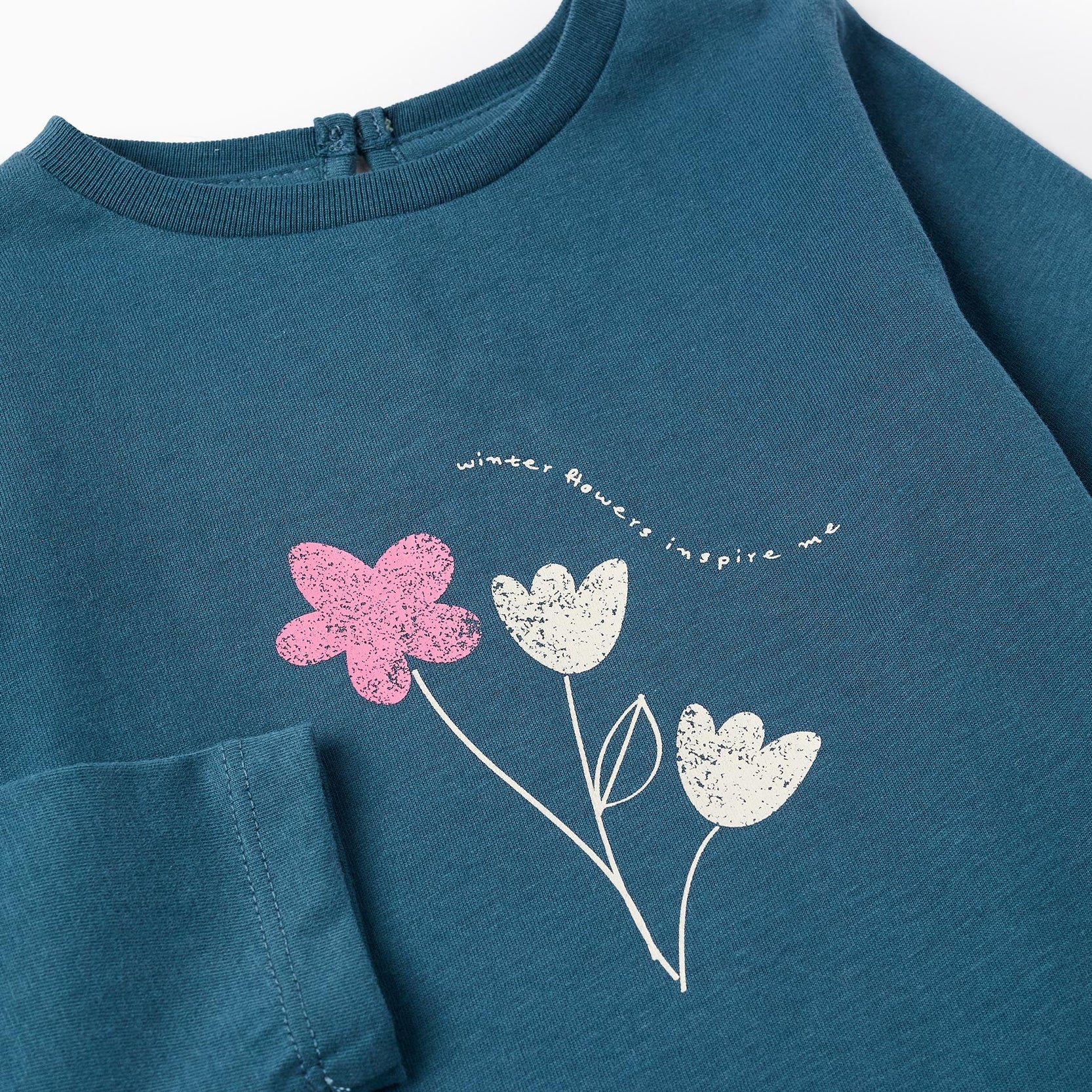 Long-Sleeved Cotton T-shirt for Baby Girls 'Flower', Turquoise