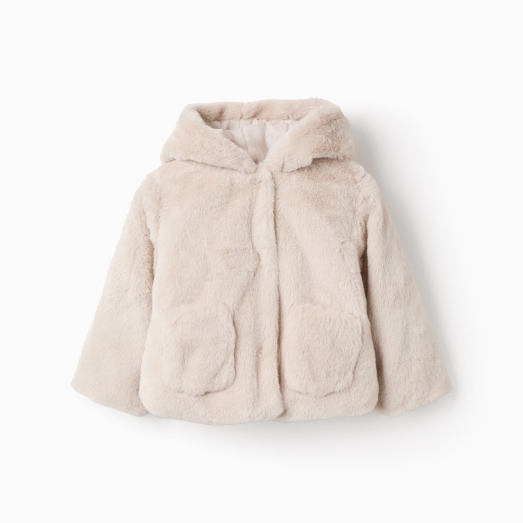 Hooded Faux Fur Jacket for Baby Girls, Beige