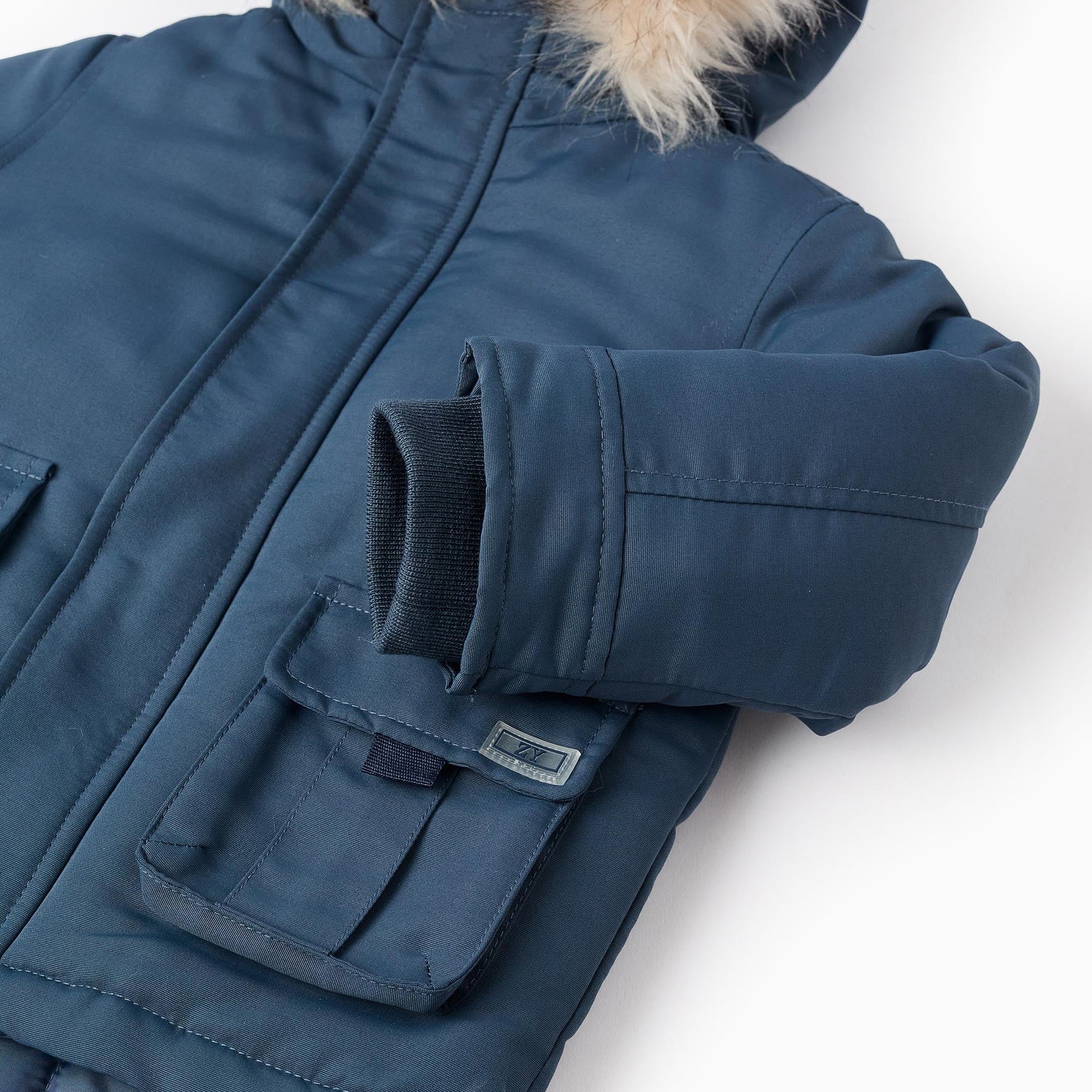 Padded Hooded Parka with Fur for Baby Boys, Turquoise