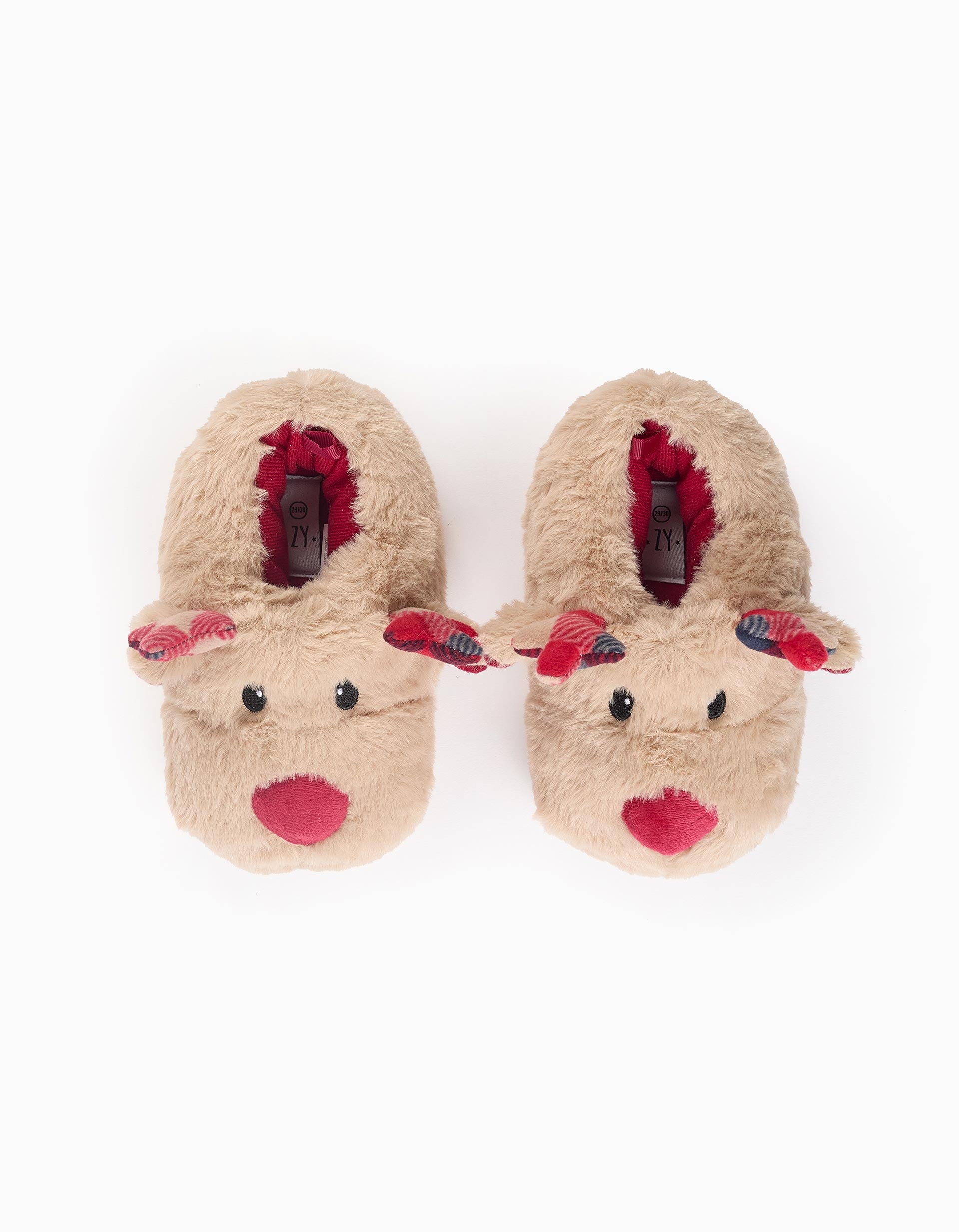 Plush Slippers for Children 'Reindeer', Beige/Red