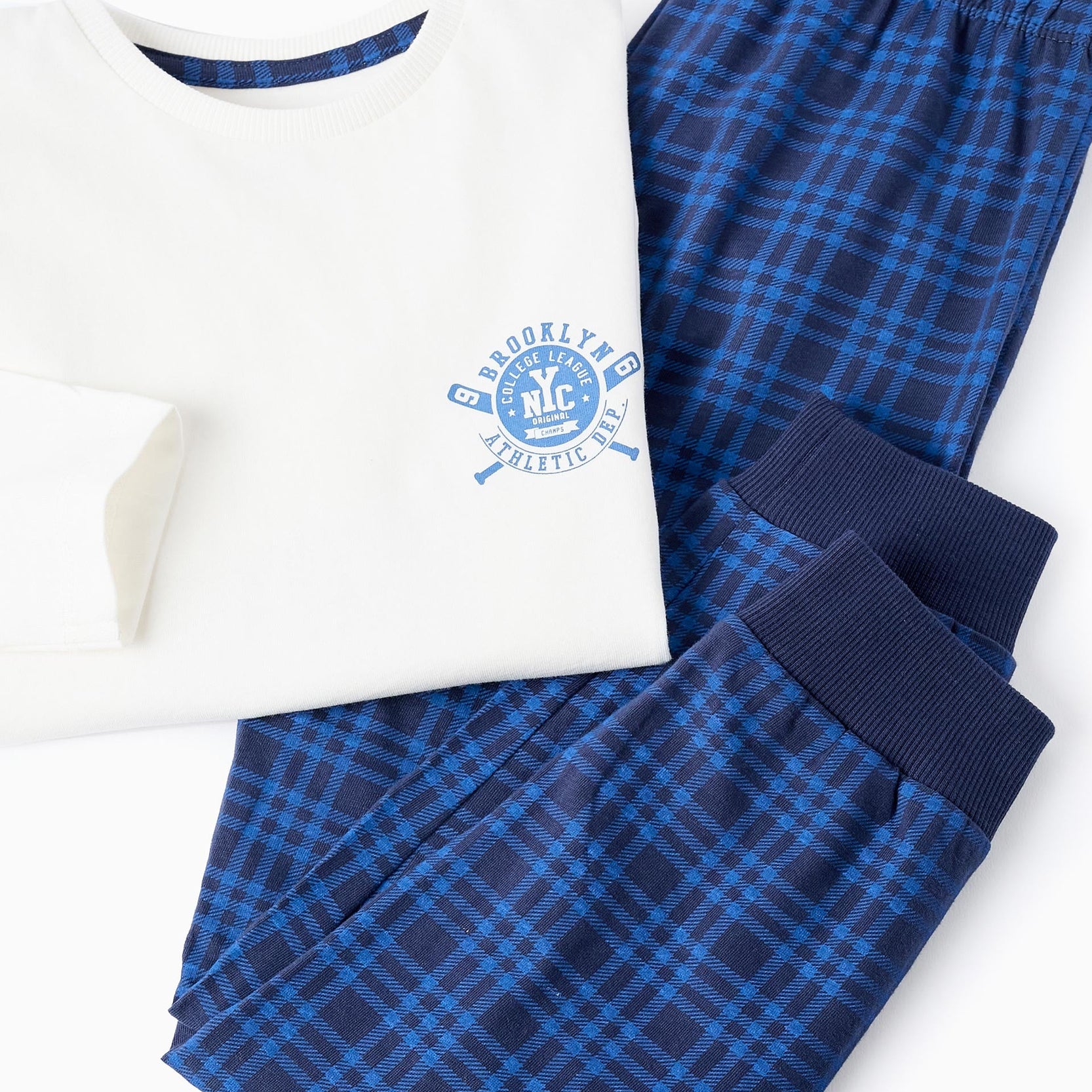 Checkered Cotton Pyjama for Boys 'NYC', White/Blue