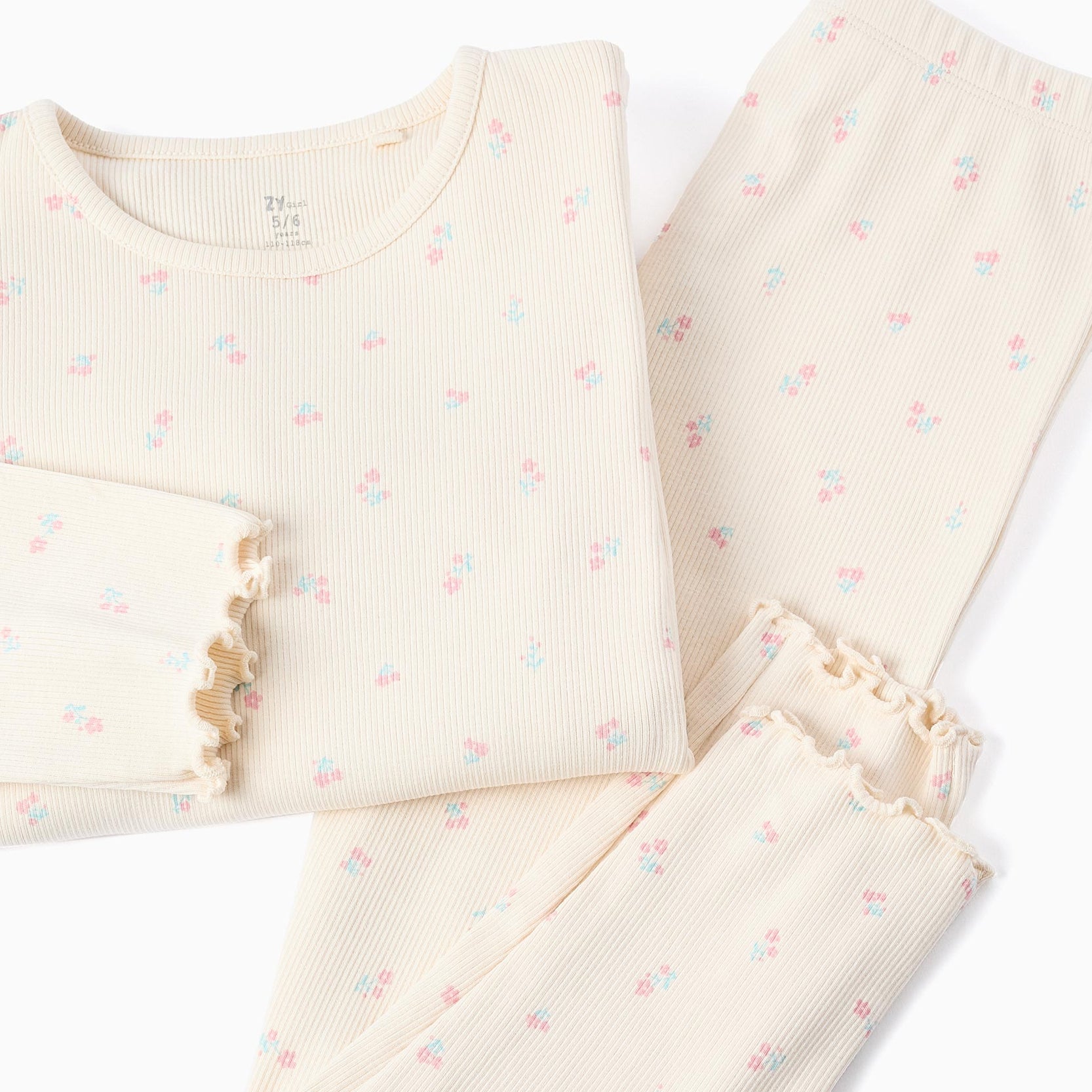Ribbed Floral Pyjama for Girls, Beige