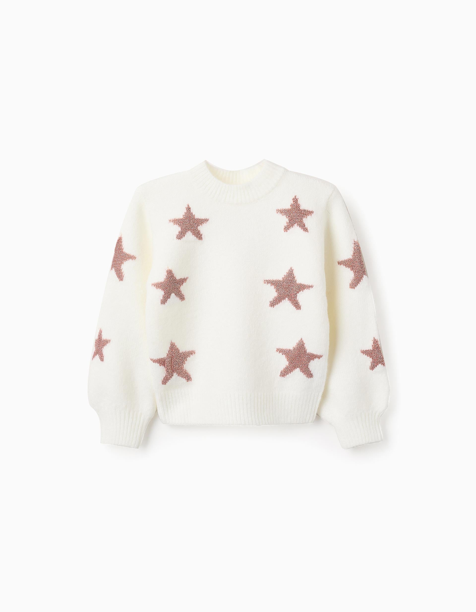 Knitted Jumper With Lurex Stars For Girls, White/Pink Gold