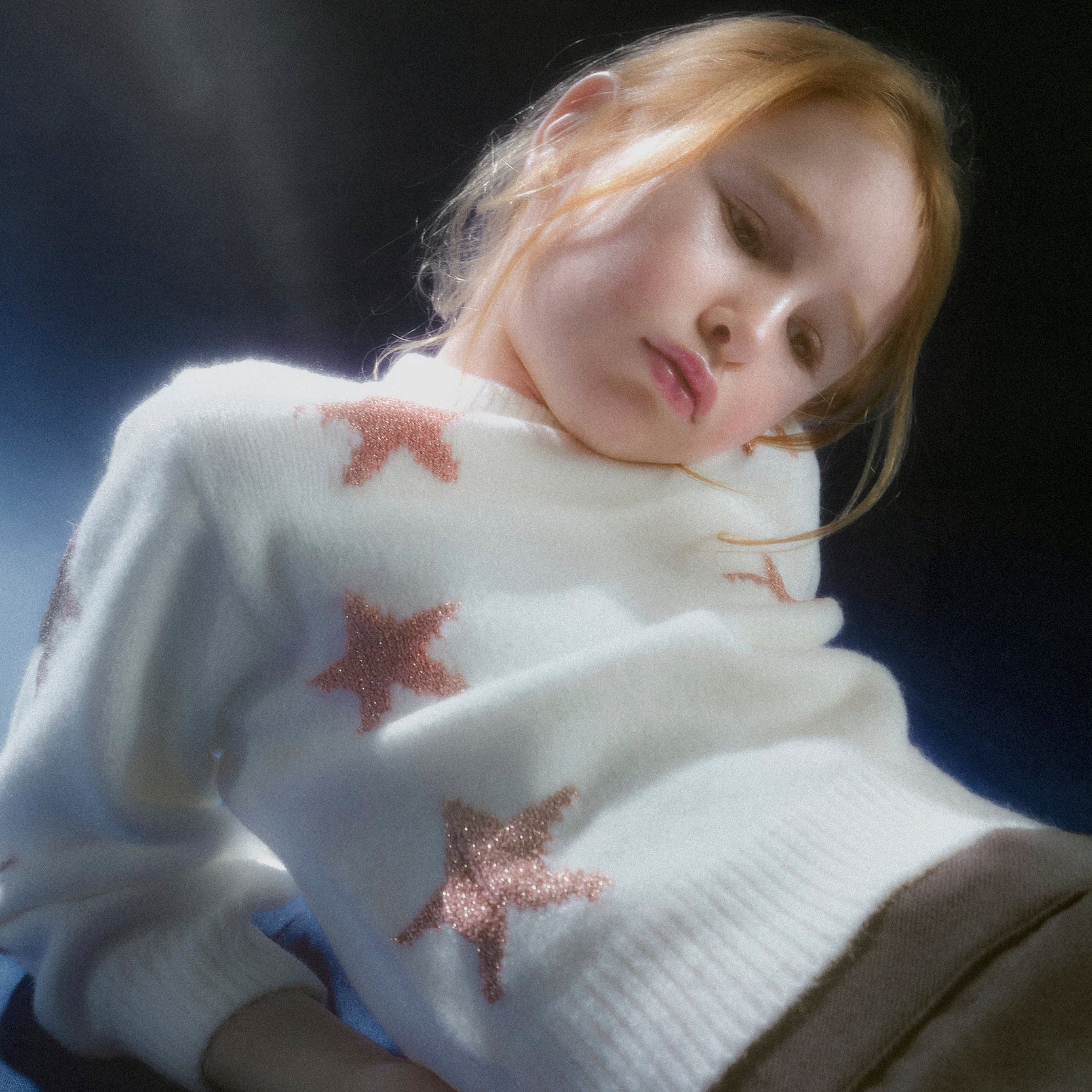 Knitted Jumper With Lurex Stars For Girls, White/Pink Gold