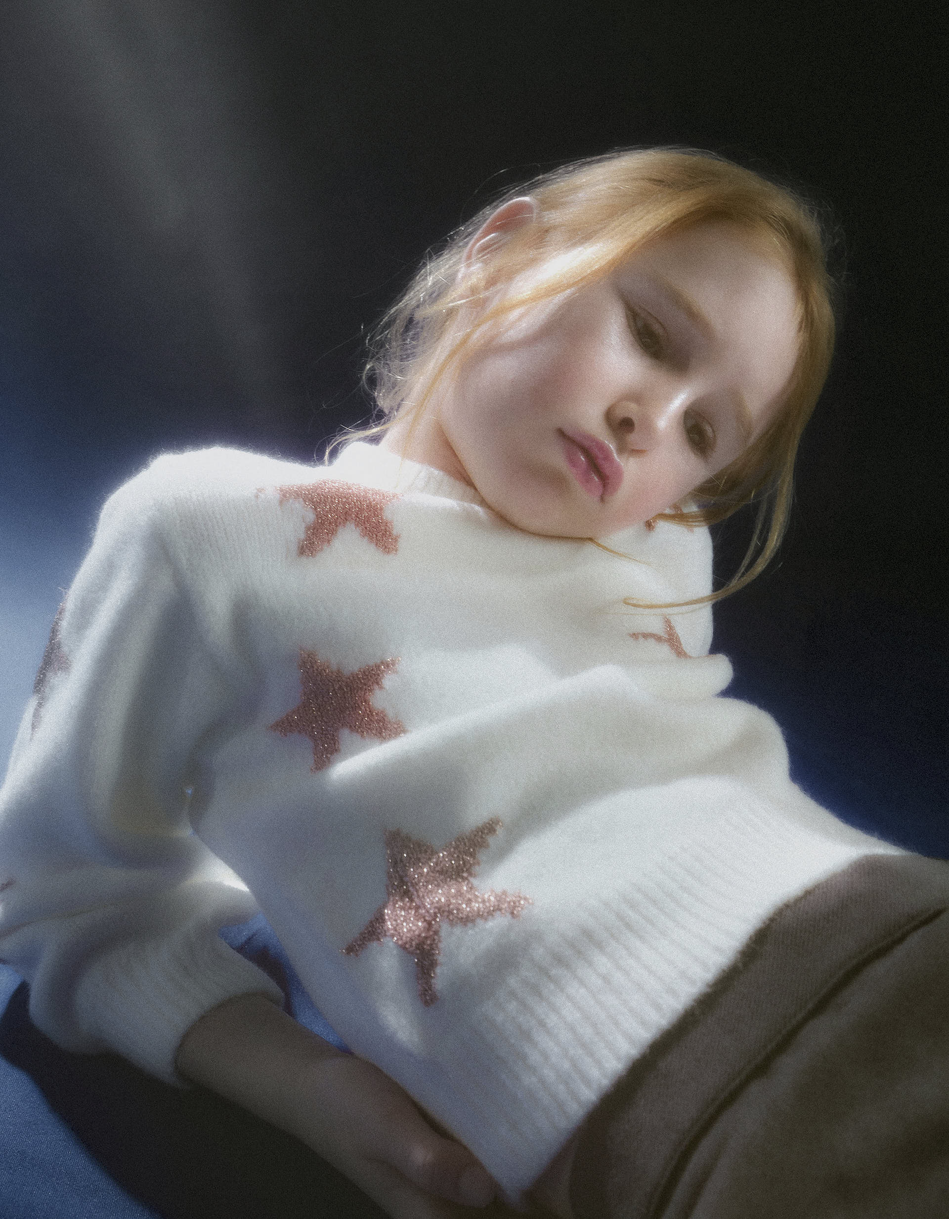 Knitted Jumper With Lurex Stars For Girls, White/Pink Gold