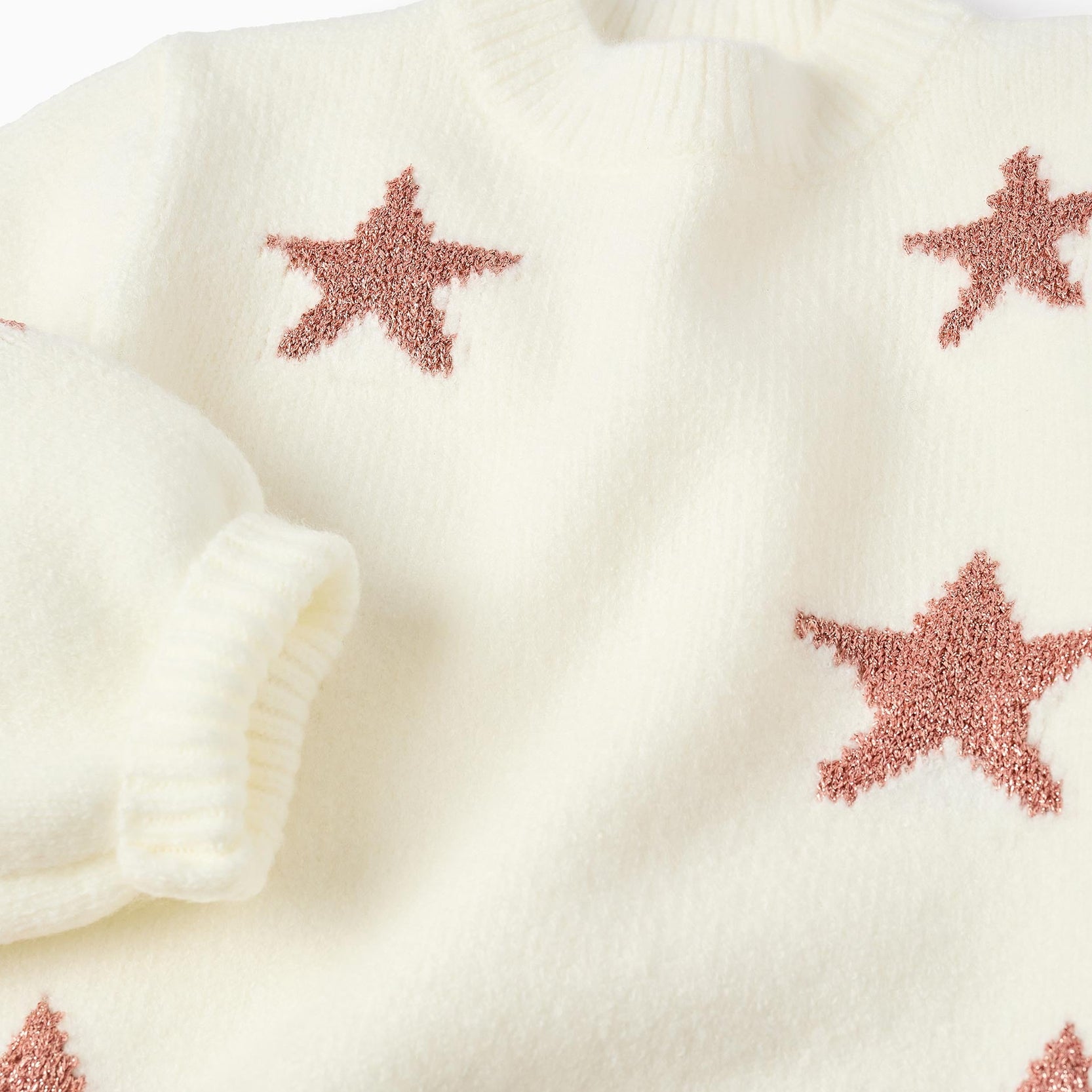 Knitted Jumper With Lurex Stars For Girls, White/Pink Gold