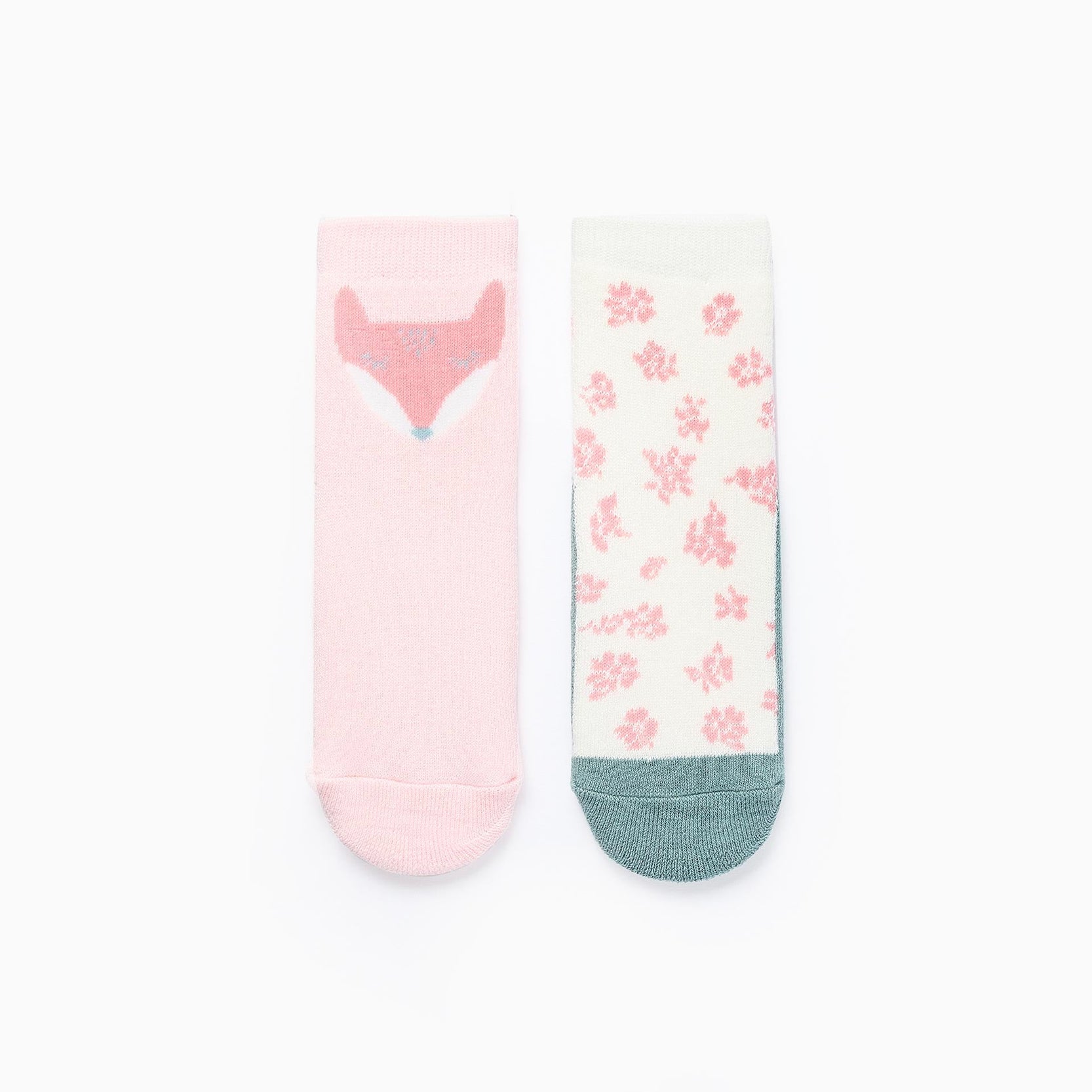 Pack of 2 Non-Slip Socks for Girls 'Fox', Pink/Green