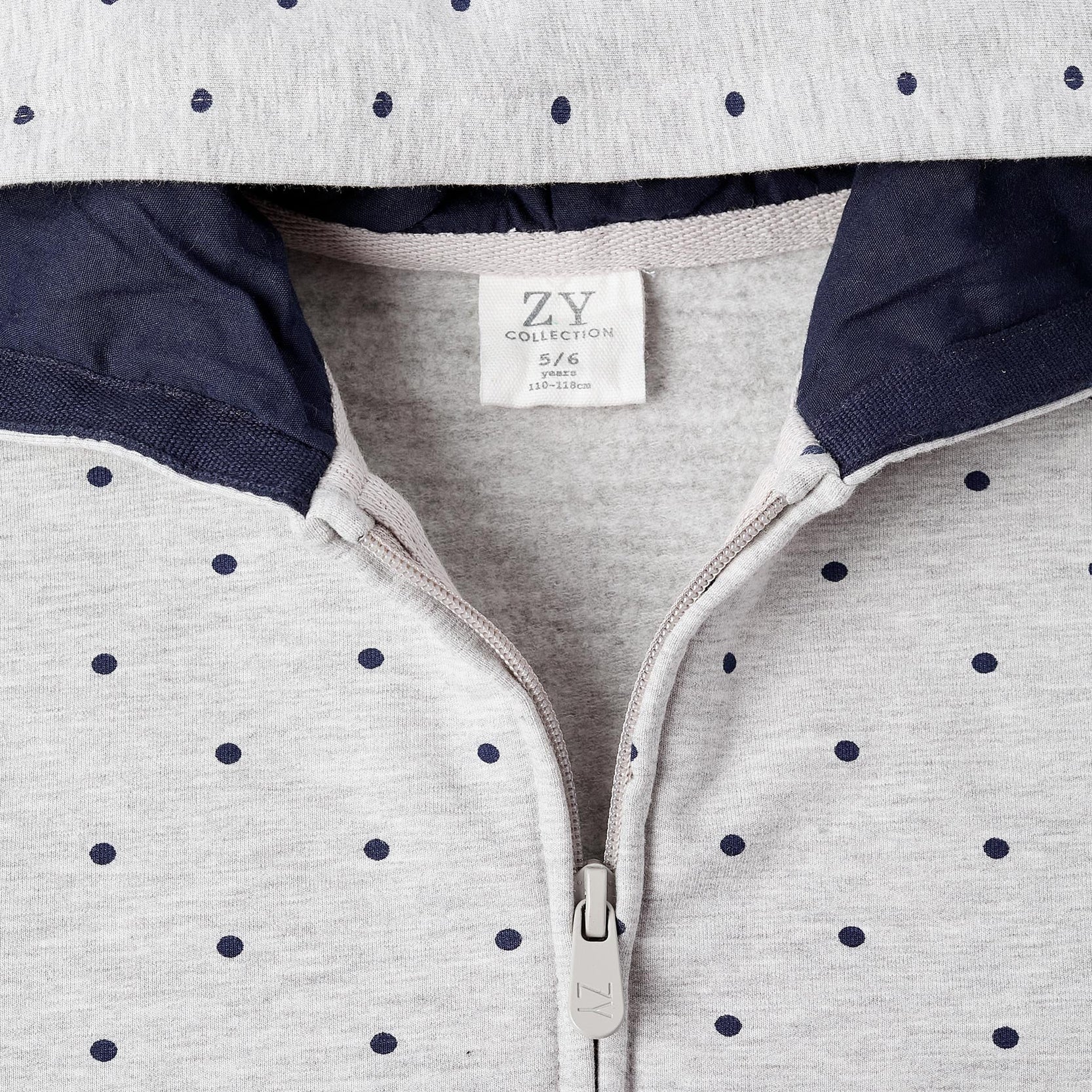 Polka Dot Hooded Jacket for Girls, Grey/Navy Blue