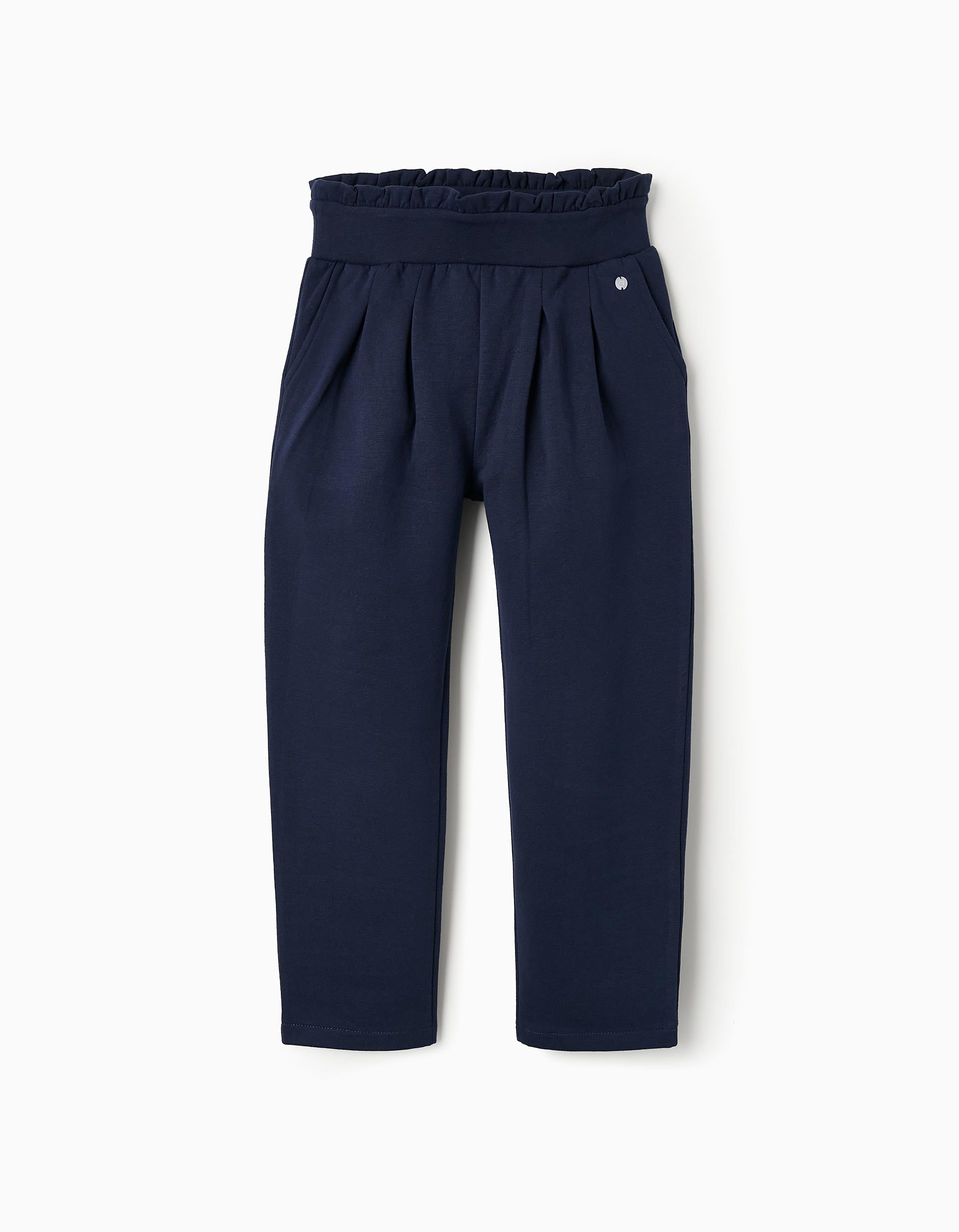 Brushed Trousers with Pleats for Girls, Dark Blue