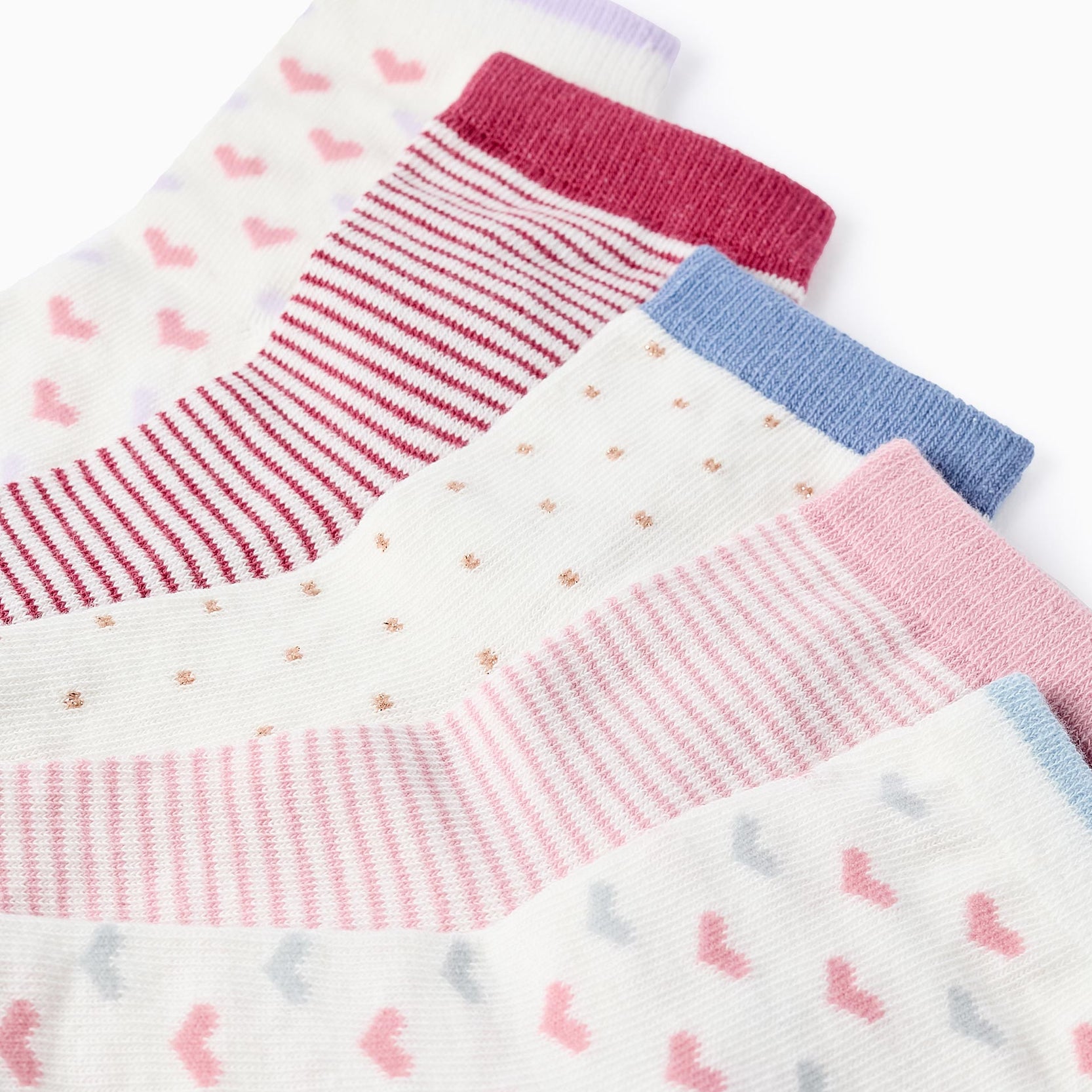 Pack of 5 Pairs of Socks with Pattern for Girls, Pink/Blue/Purple