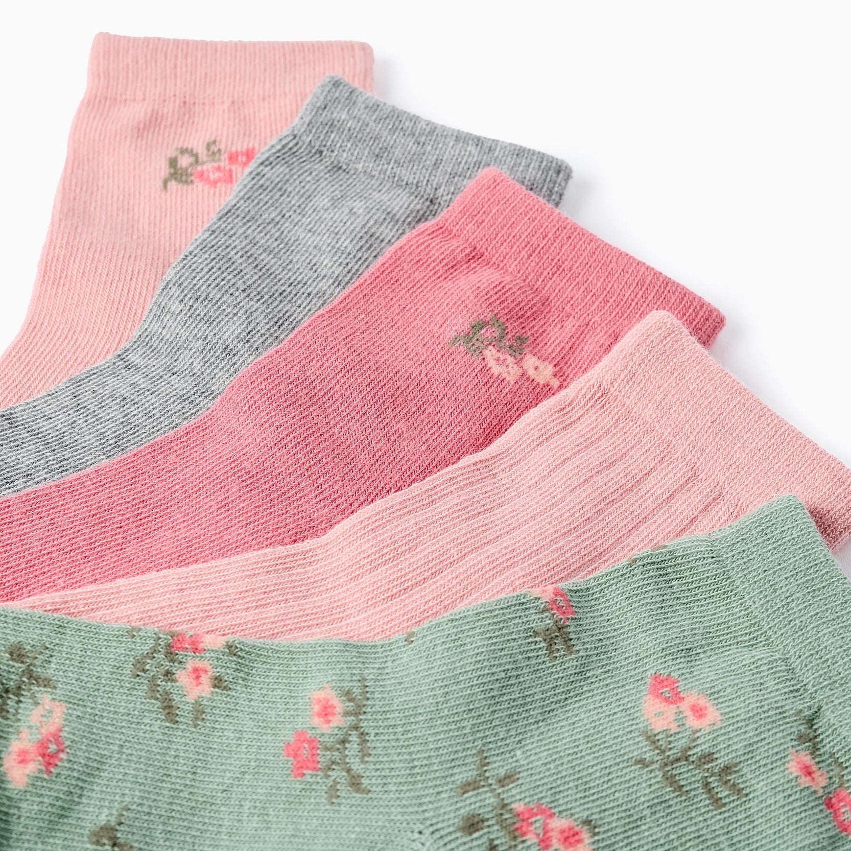 Pack of 5 Pairs of Plain/Floral Socks for Girls, Pink/Green/Grey