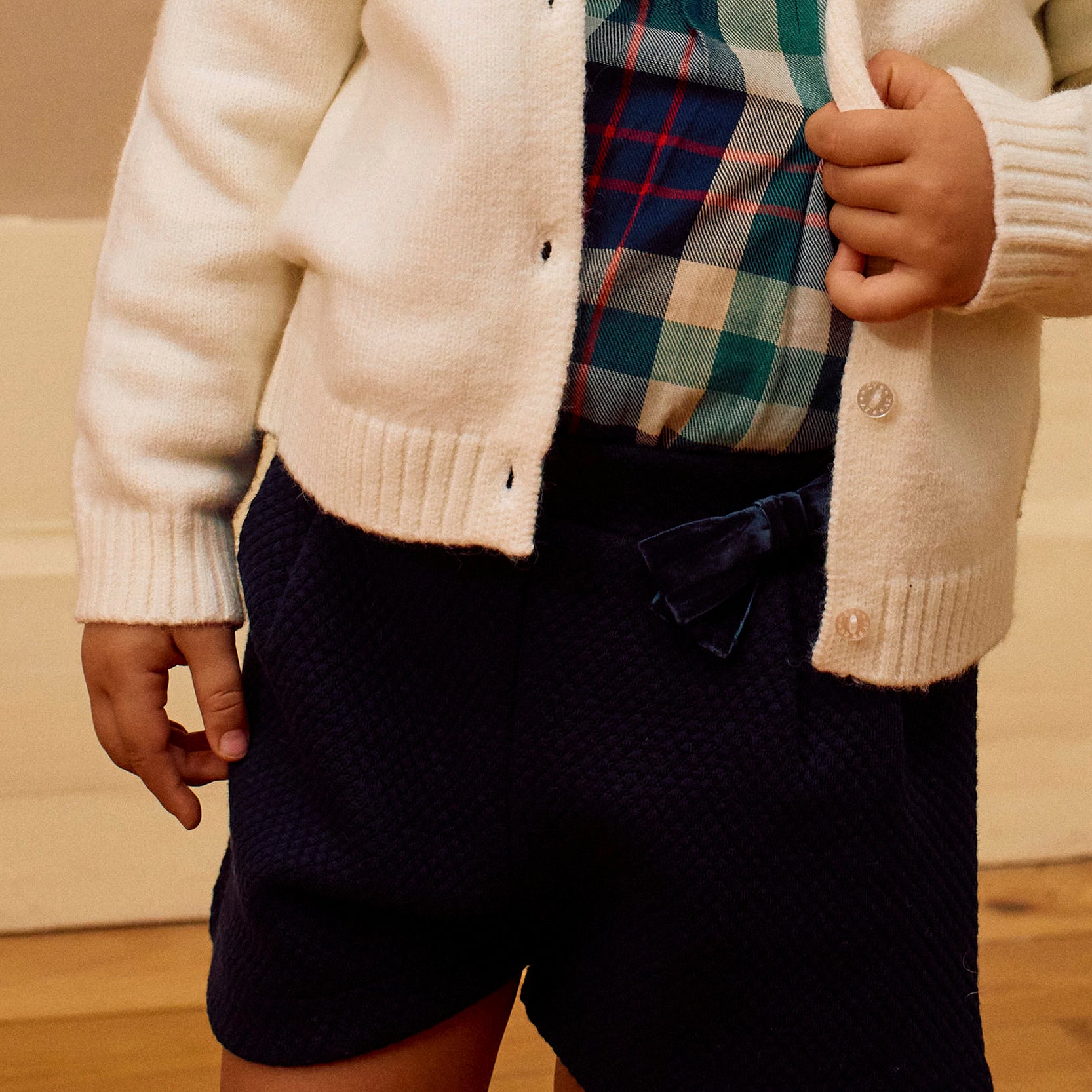 Textured Shorts with Velvet Bow for Baby Girls, Dark Blue