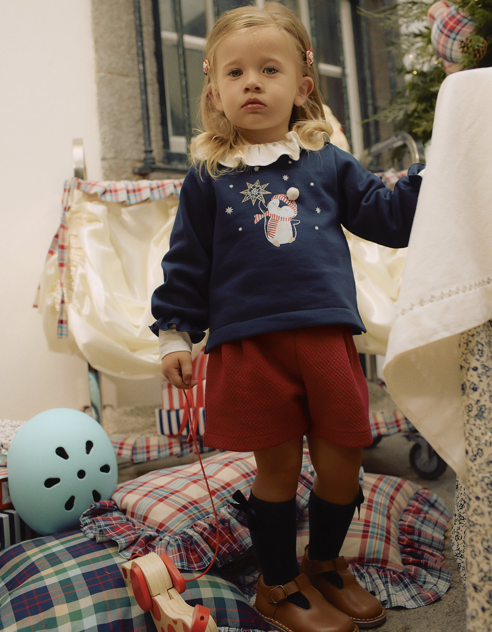 Textured Shorts with Velvet Bow for Baby Girls, Red